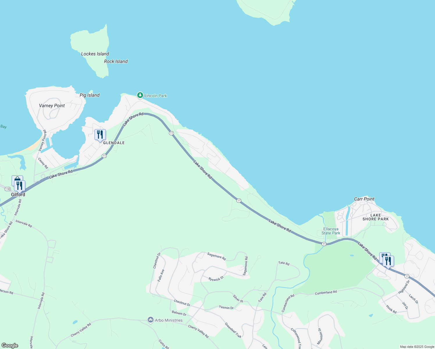map of restaurants, bars, coffee shops, grocery stores, and more near 75 Scenic Drive in Gilford