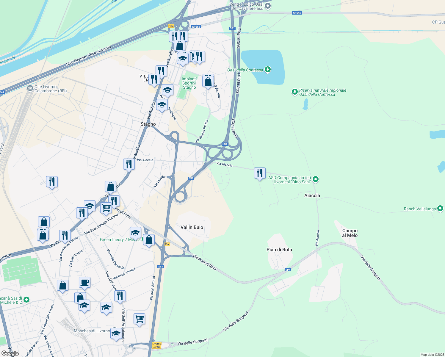map of restaurants, bars, coffee shops, grocery stores, and more near 70 Via Aiaccia in Provincia di Livorno