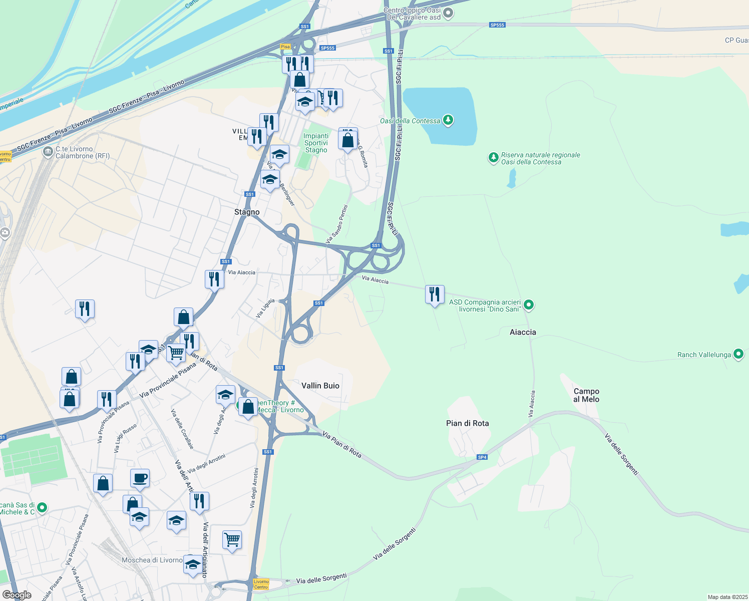 map of restaurants, bars, coffee shops, grocery stores, and more near 72 Via Aiaccia in Provincia di Livorno