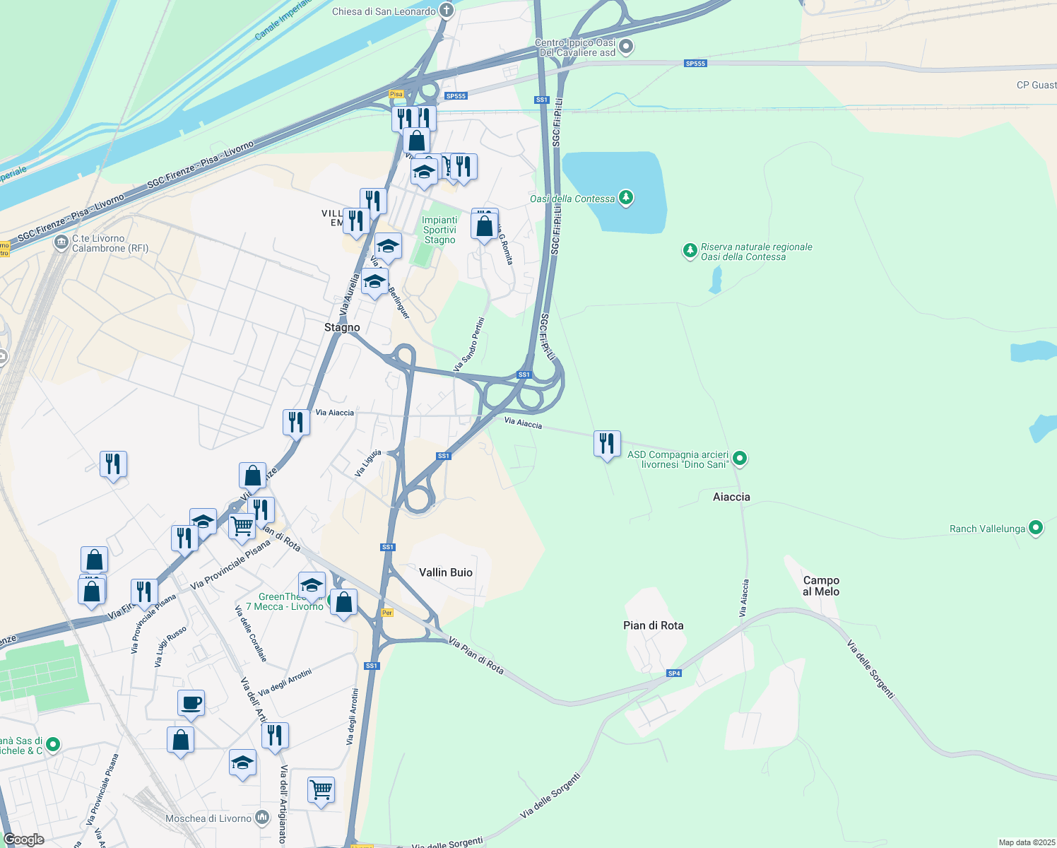 map of restaurants, bars, coffee shops, grocery stores, and more near 72 Via Aiaccia in Provincia di Livorno