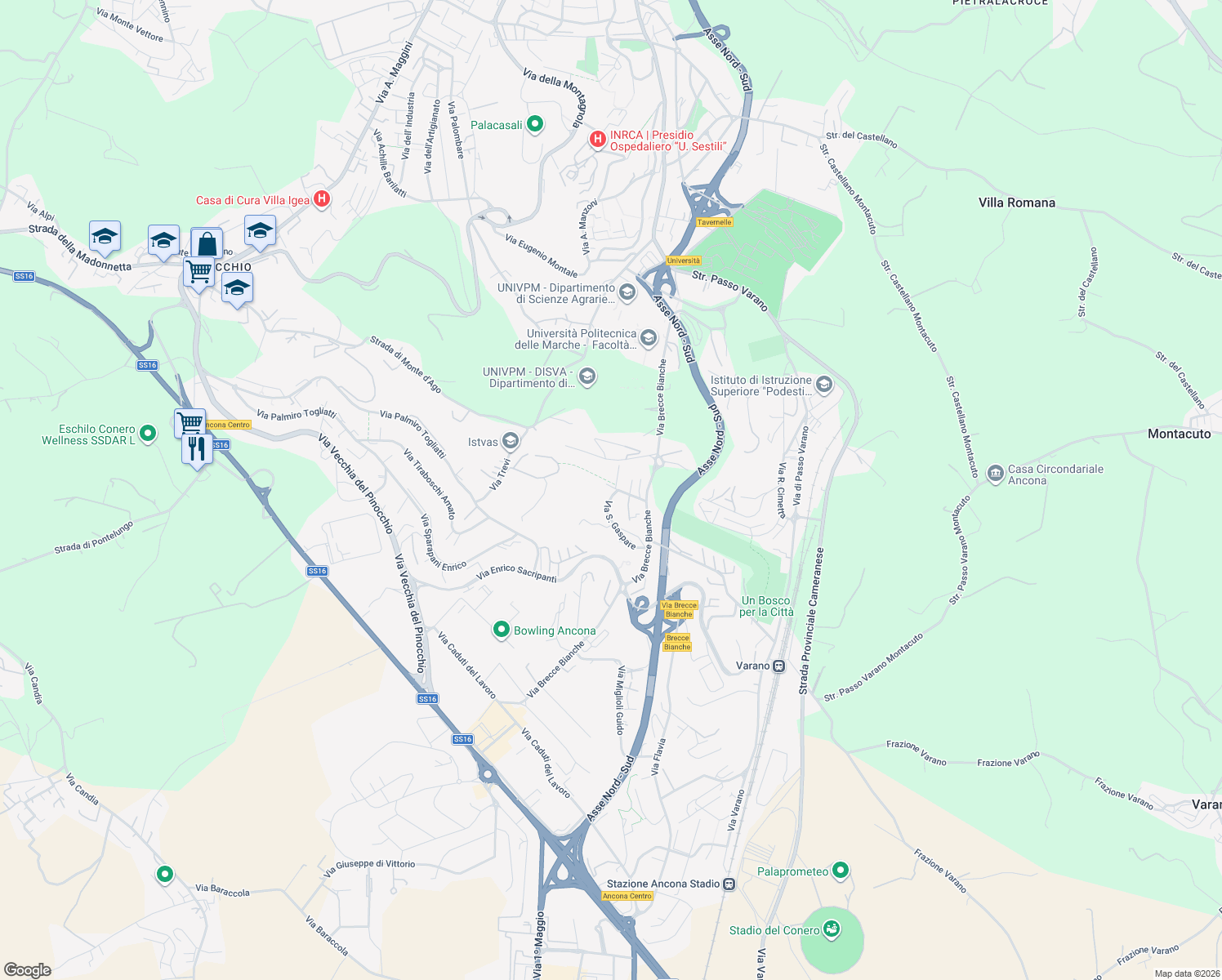 map of restaurants, bars, coffee shops, grocery stores, and more near 60 Via Brecce Bianche in Ancona