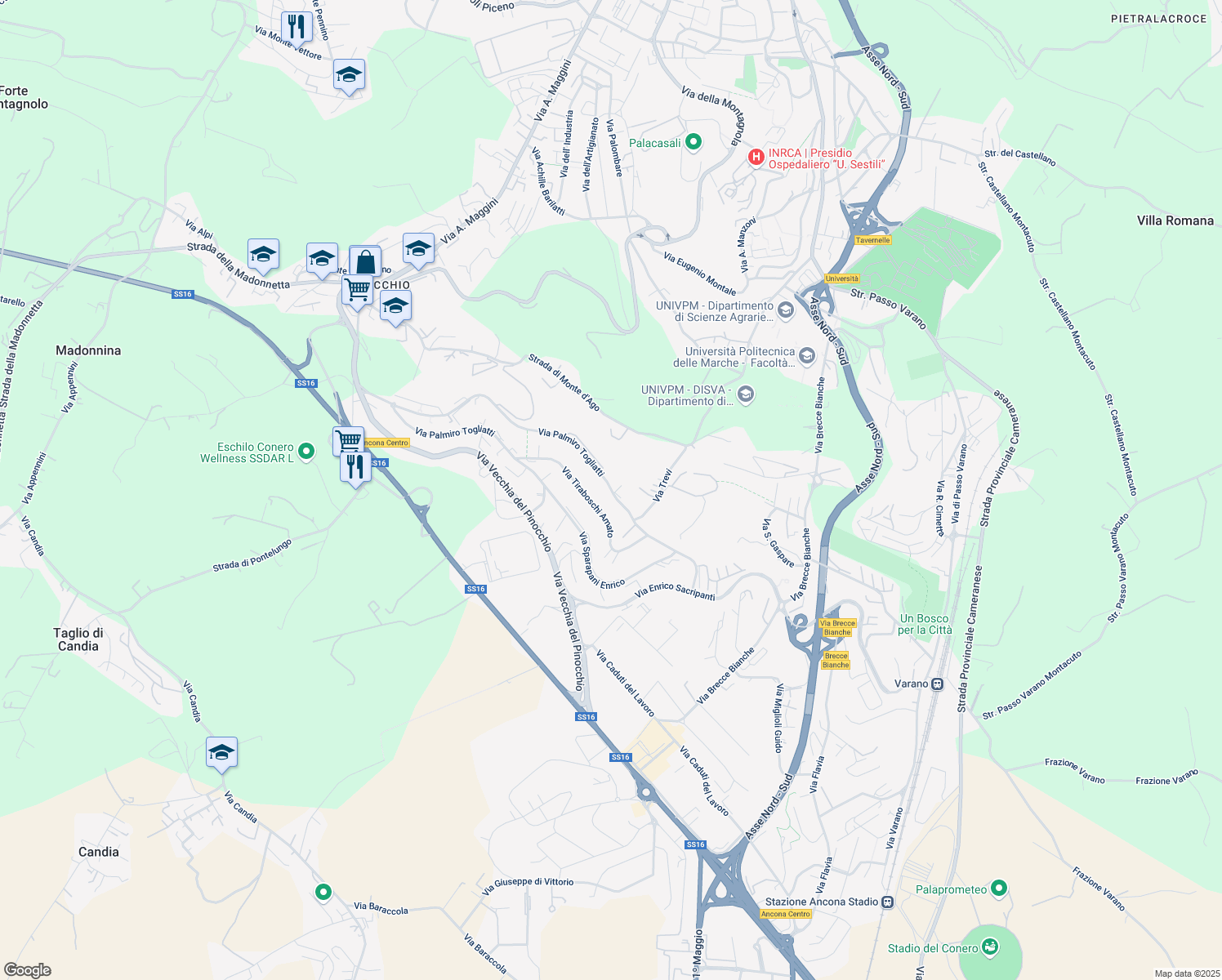 map of restaurants, bars, coffee shops, grocery stores, and more near 56 Via Palmiro Togliatti in Ancona