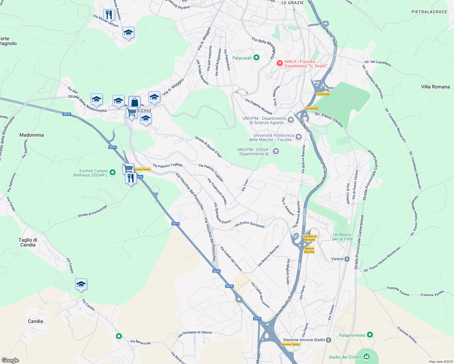 map of restaurants, bars, coffee shops, grocery stores, and more near 56 Via Palmiro Togliatti in Ancona