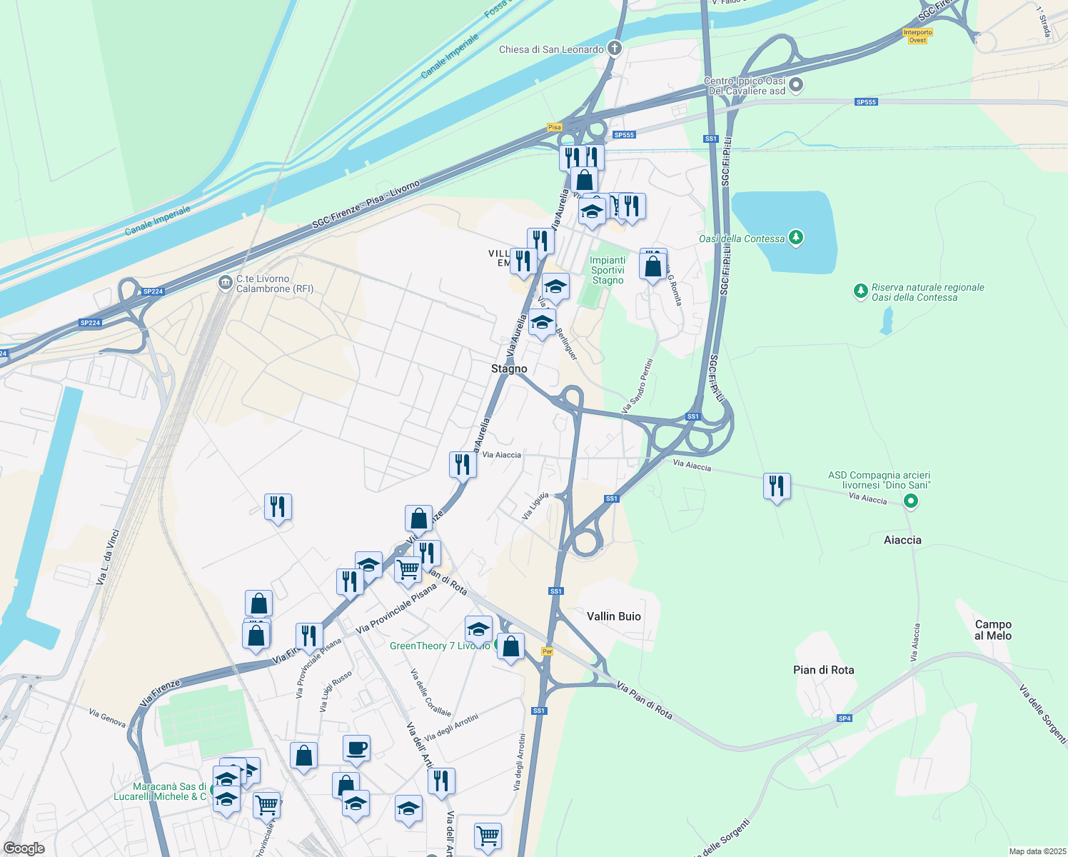 map of restaurants, bars, coffee shops, grocery stores, and more near 7 Via A. Costa in Stagno