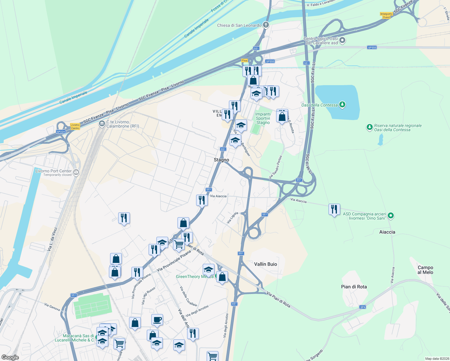 map of restaurants, bars, coffee shops, grocery stores, and more near 70 Strada Statale 1 in Stagno