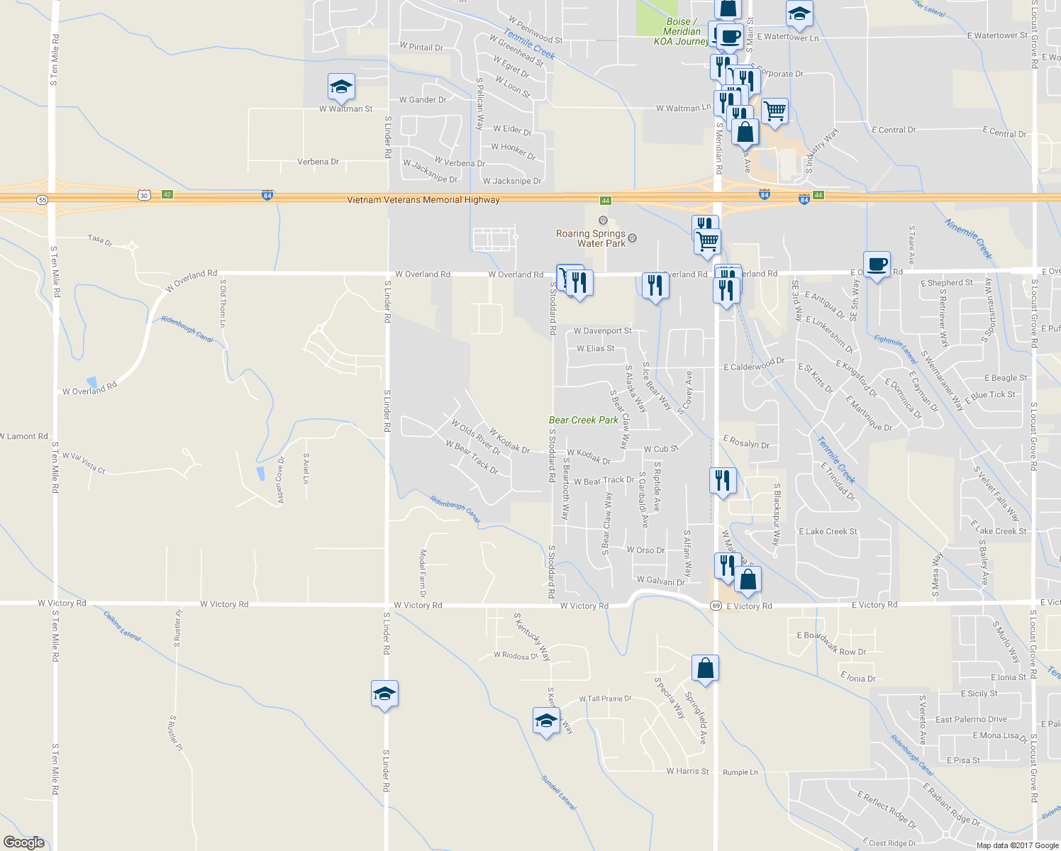 map of restaurants, bars, coffee shops, grocery stores, and more near 920 West Kodiak Drive in Meridian