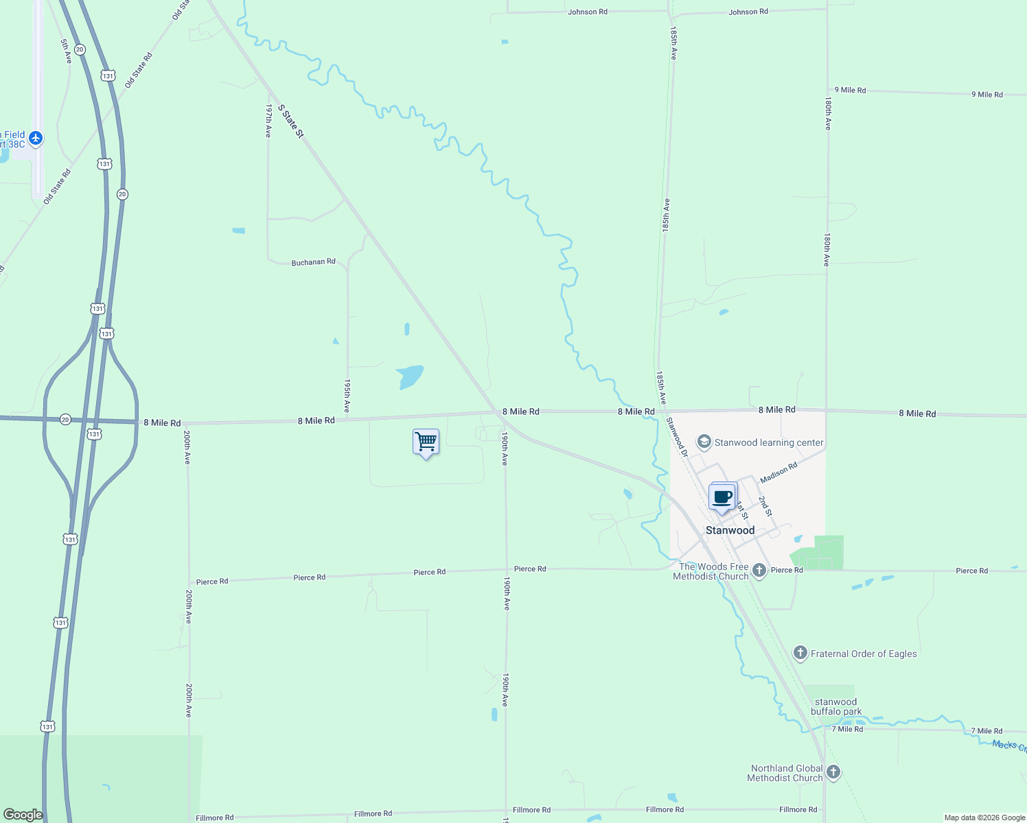 map of restaurants, bars, coffee shops, grocery stores, and more near 18785 8 Mile Road in Stanwood