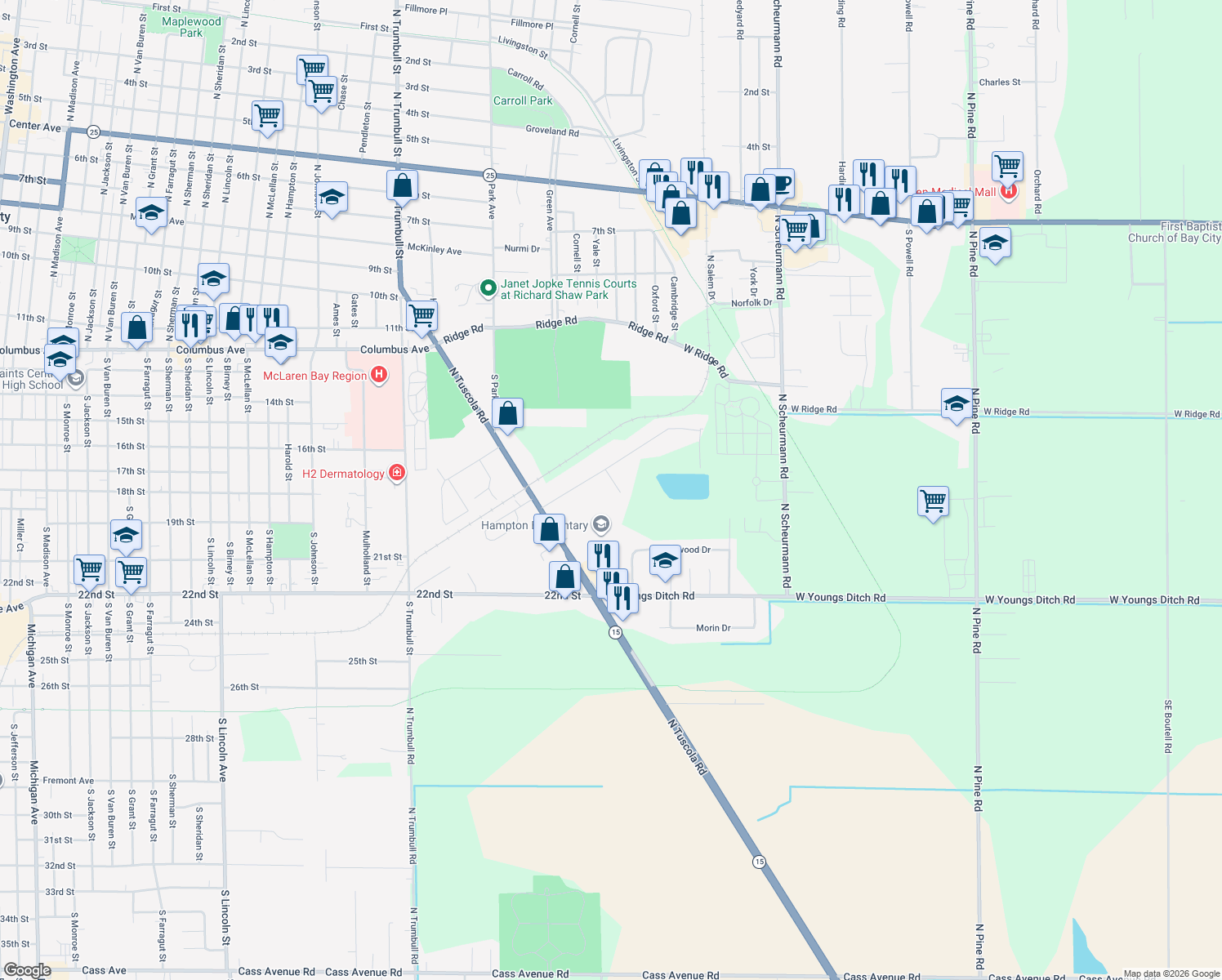 map of restaurants, bars, coffee shops, grocery stores, and more near 721 Shook Court in Bay City