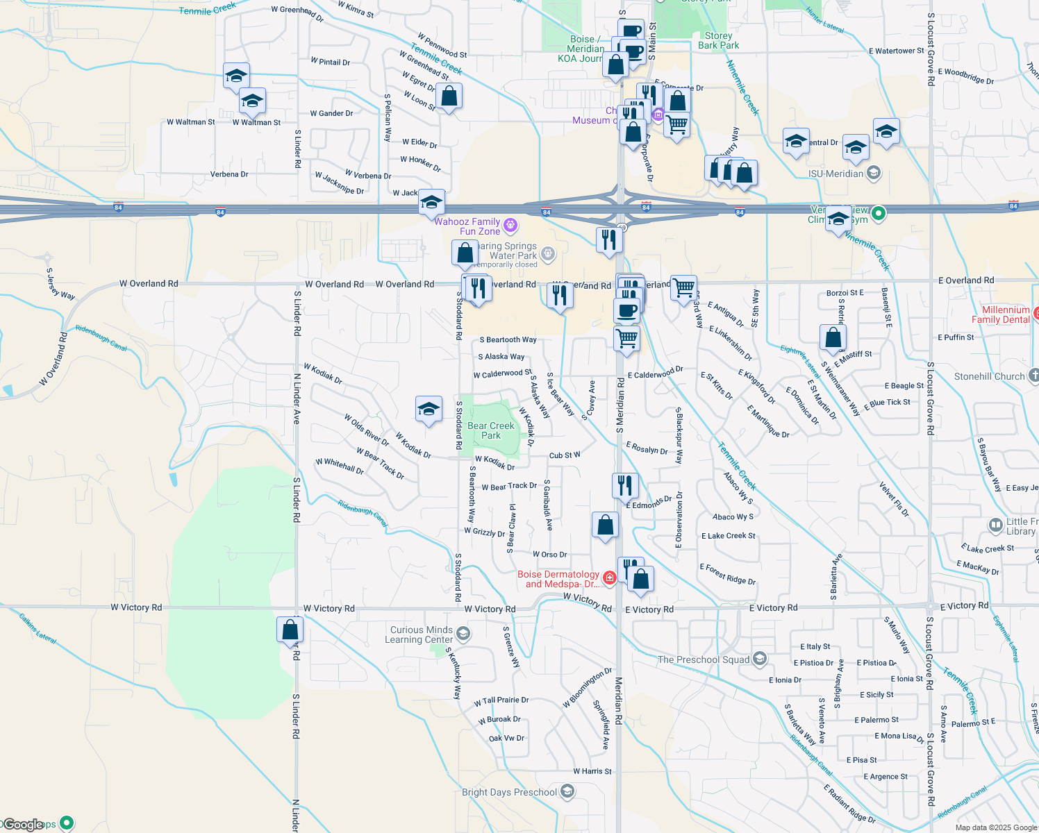 map of restaurants, bars, coffee shops, grocery stores, and more near 2255 S Bear Claw Way in Meridian