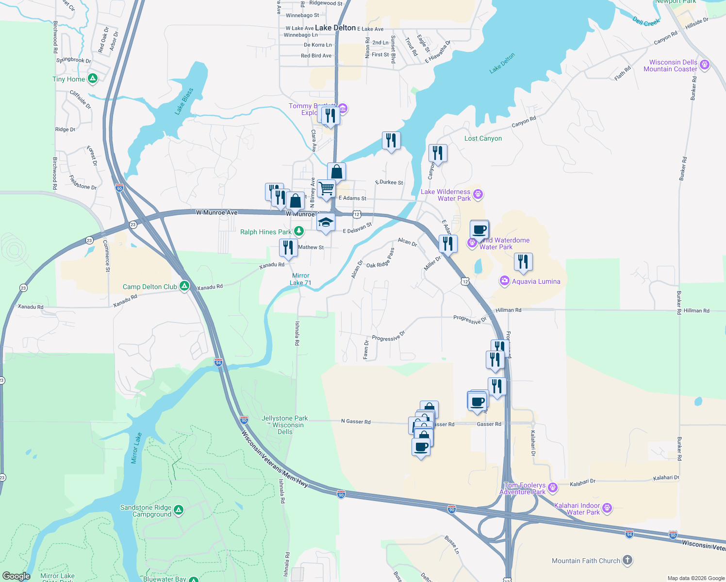 map of restaurants, bars, coffee shops, grocery stores, and more near 150 Whitetail Boulevard in Baraboo