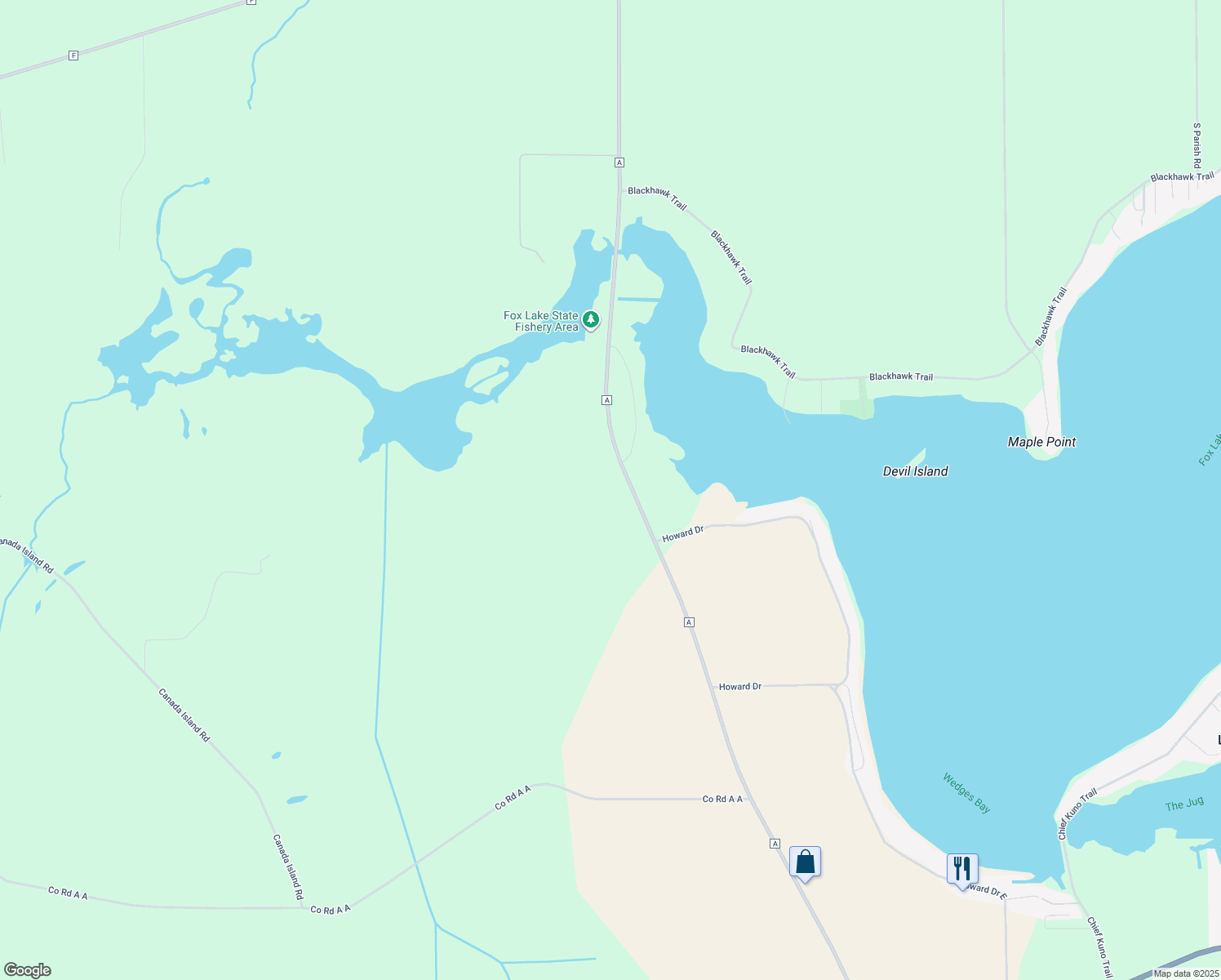 map of restaurants, bars, coffee shops, grocery stores, and more near N10773 County Road A in Fox Lake