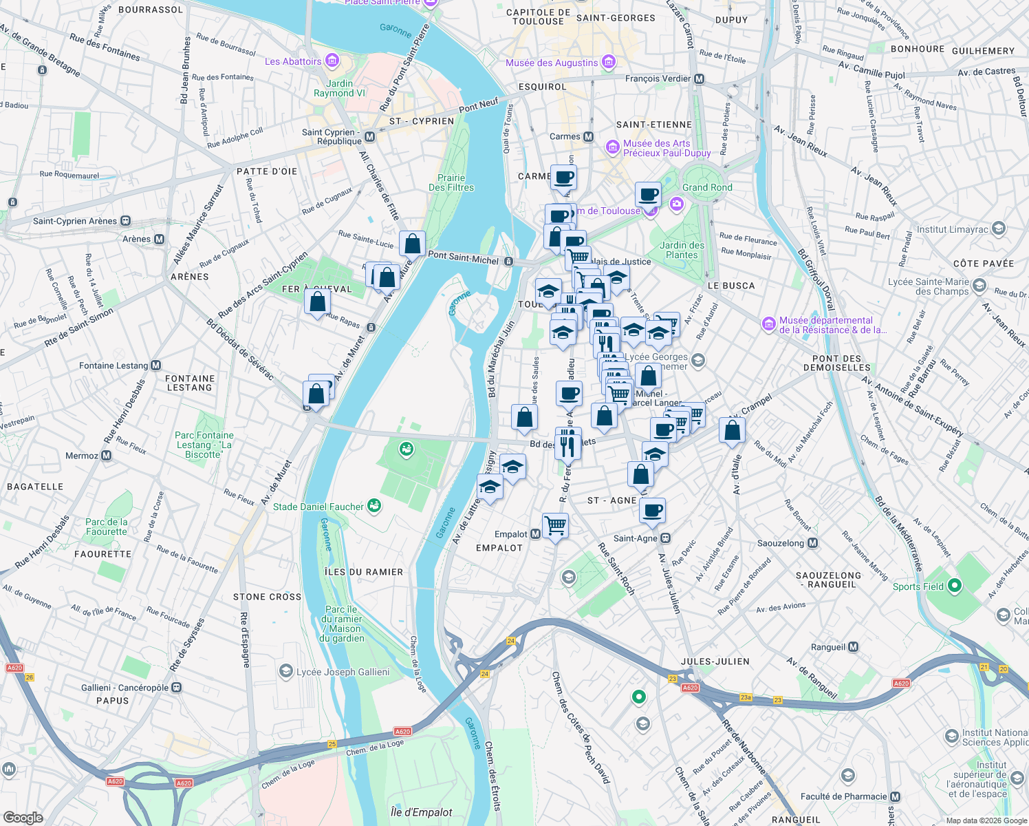 map of restaurants, bars, coffee shops, grocery stores, and more near in Toulouse