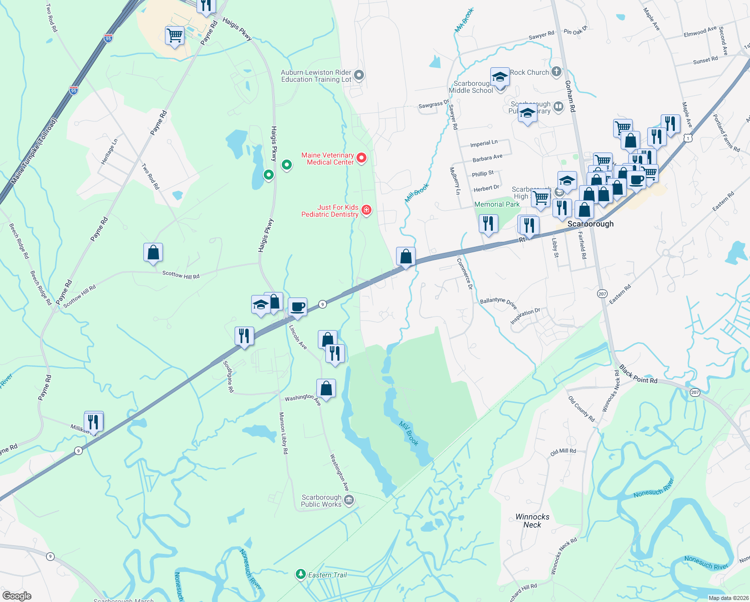 map of restaurants, bars, coffee shops, grocery stores, and more near 8 Byrd Avenue in Scarborough