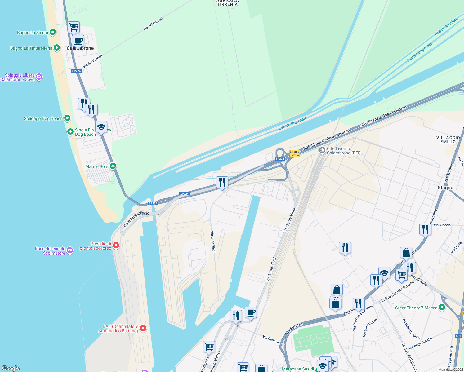 map of restaurants, bars, coffee shops, grocery stores, and more near 12 Via L. da Vinci in Livorno