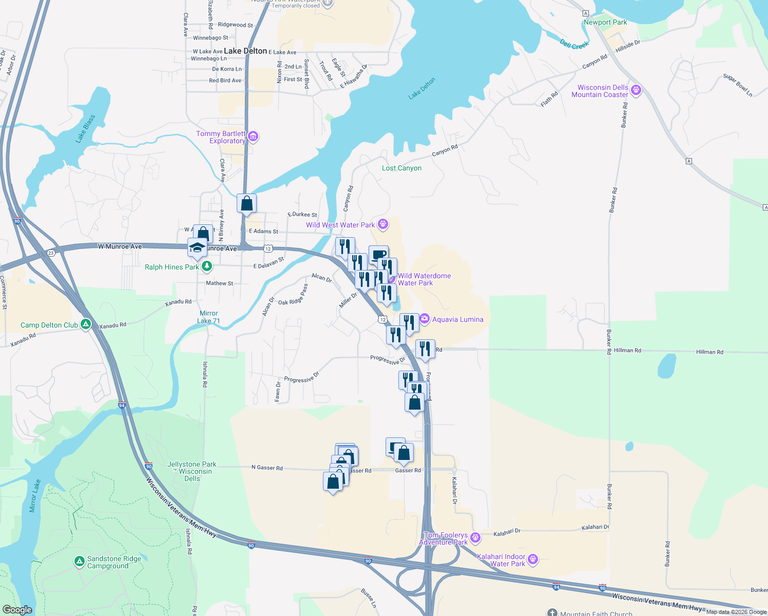 map of restaurants, bars, coffee shops, grocery stores, and more near 511 Wisconsin Dells Parkway South in Wisconsin Dells