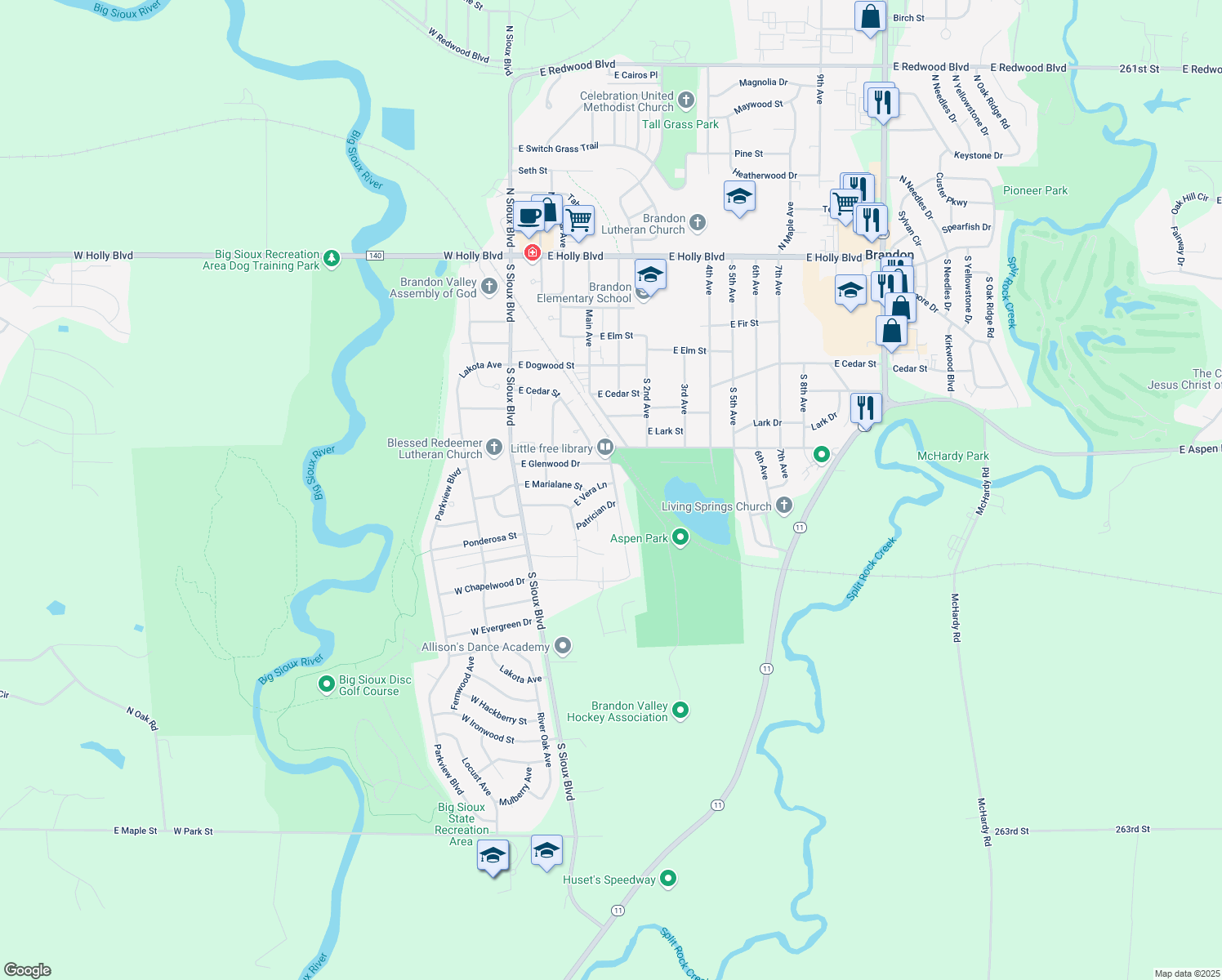 map of restaurants, bars, coffee shops, grocery stores, and more near 801 Nicholas Avenue in Brandon