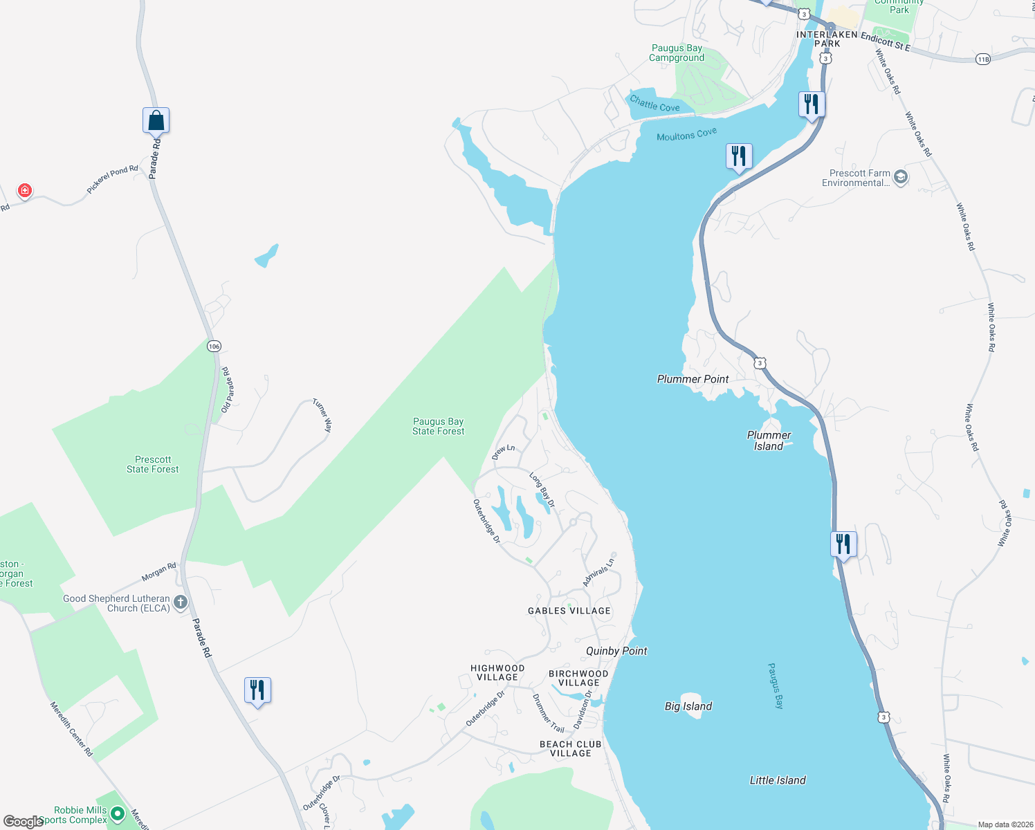 map of restaurants, bars, coffee shops, grocery stores, and more near 74 Deerfield Turn in Laconia