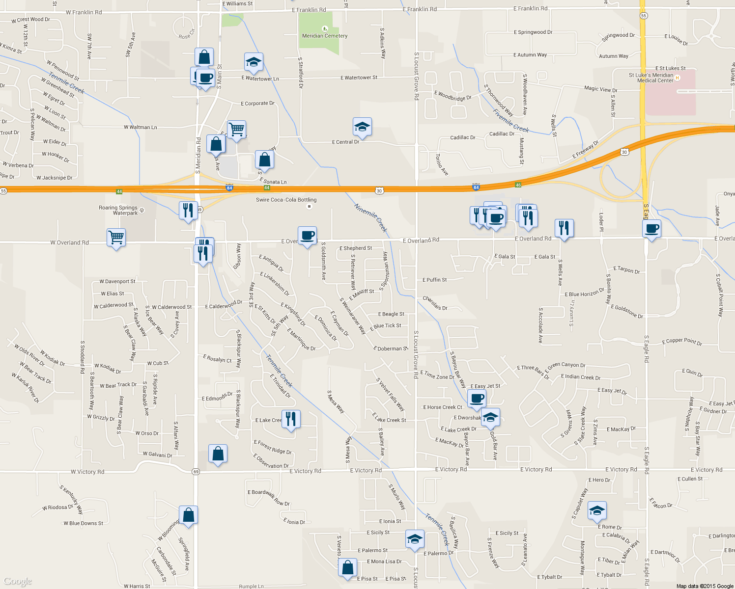 map of restaurants, bars, coffee shops, grocery stores, and more near 1235 East Mastiff Street in Meridian