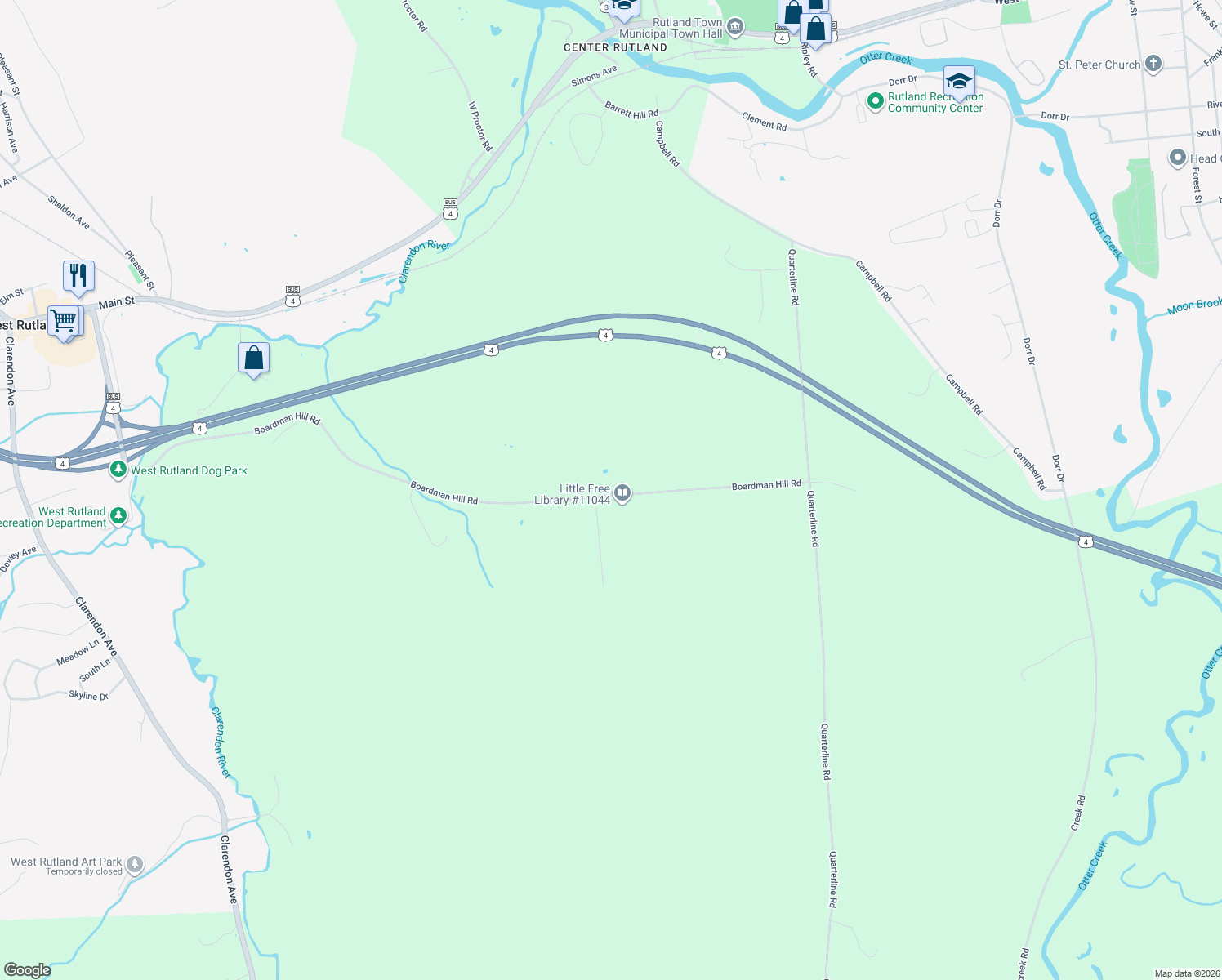 map of restaurants, bars, coffee shops, grocery stores, and more near 1385 Boardman Hill Rd in West Rutland