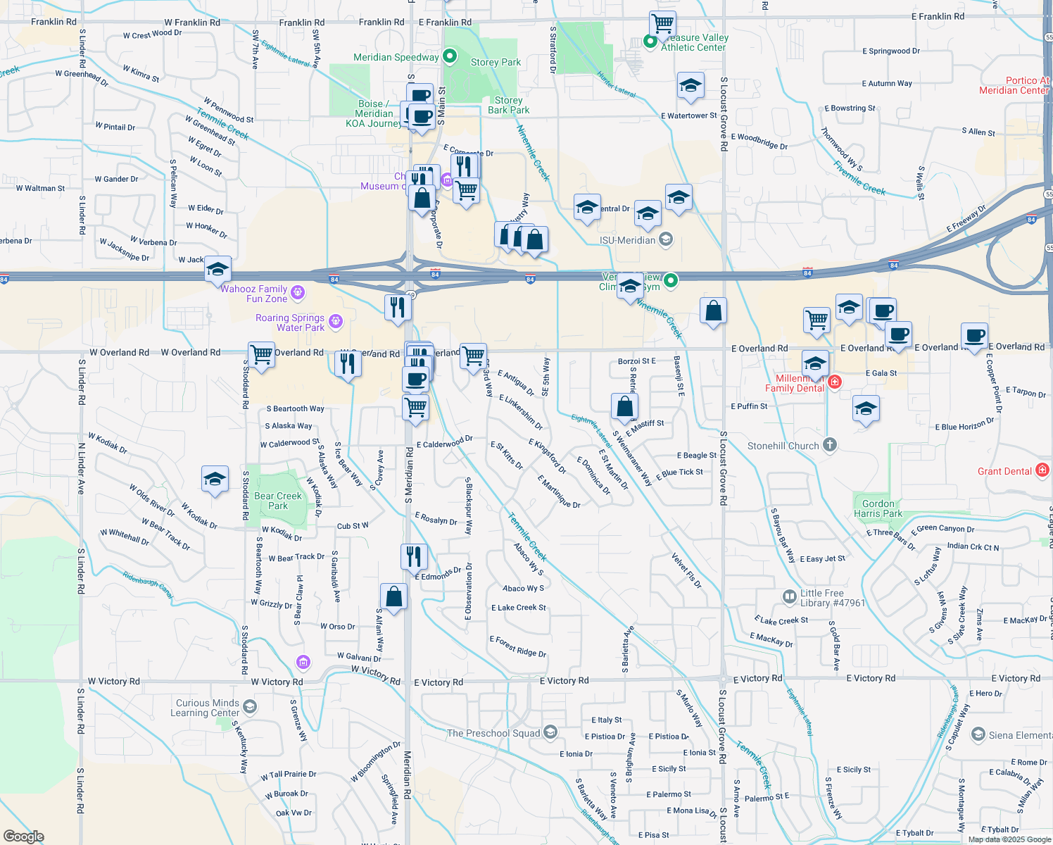 map of restaurants, bars, coffee shops, grocery stores, and more near 661 East Linkershim Drive in Meridian