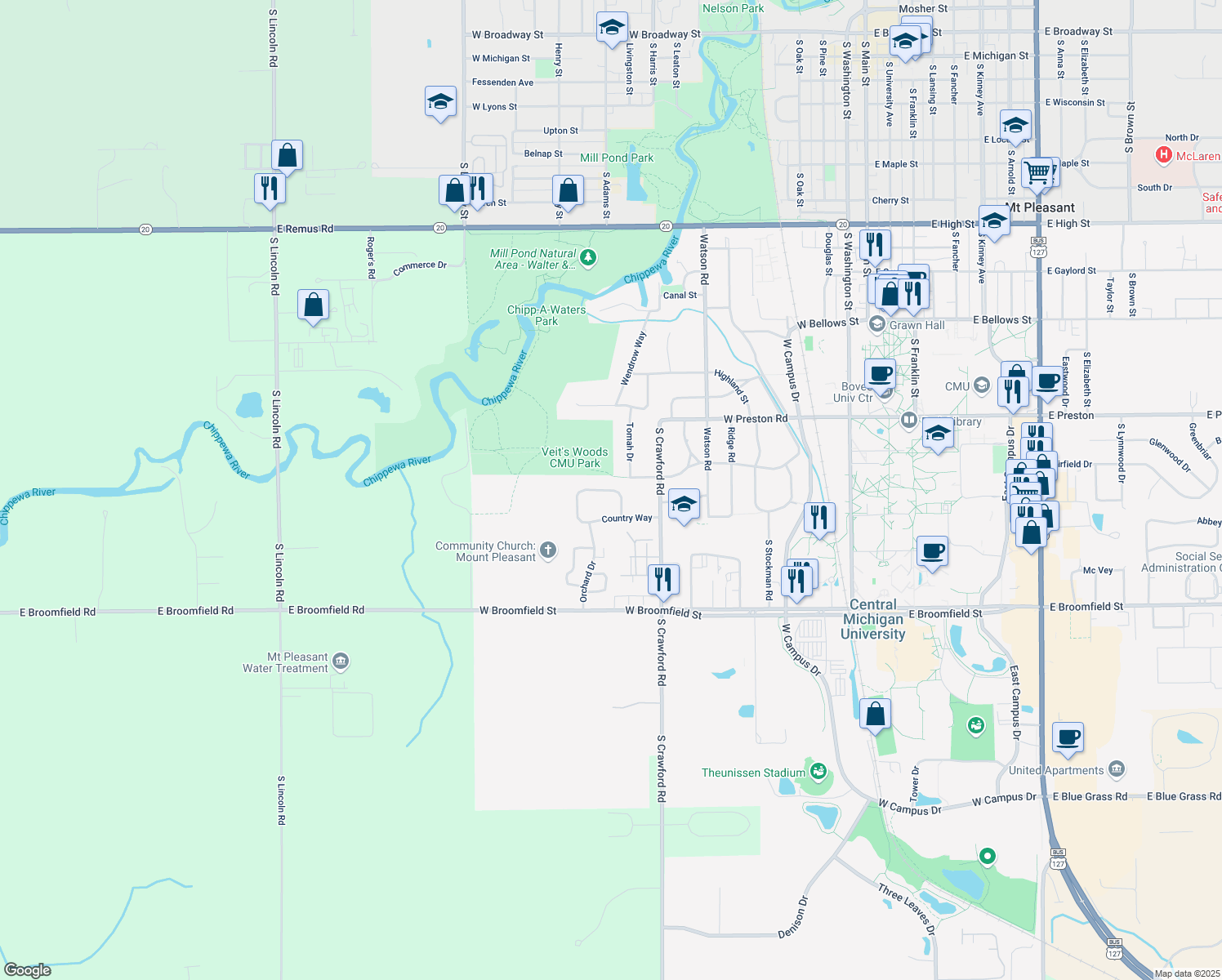 map of restaurants, bars, coffee shops, grocery stores, and more near 1411 Crestwood Drive in Mount Pleasant