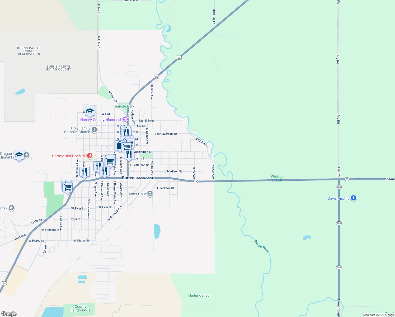 map of restaurants, bars, coffee shops, grocery stores, and more near 950 East Adams Street in Burns