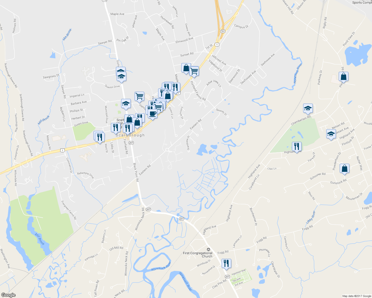 map of restaurants, bars, coffee shops, grocery stores, and more near 17 Grandview Drive in Scarborough