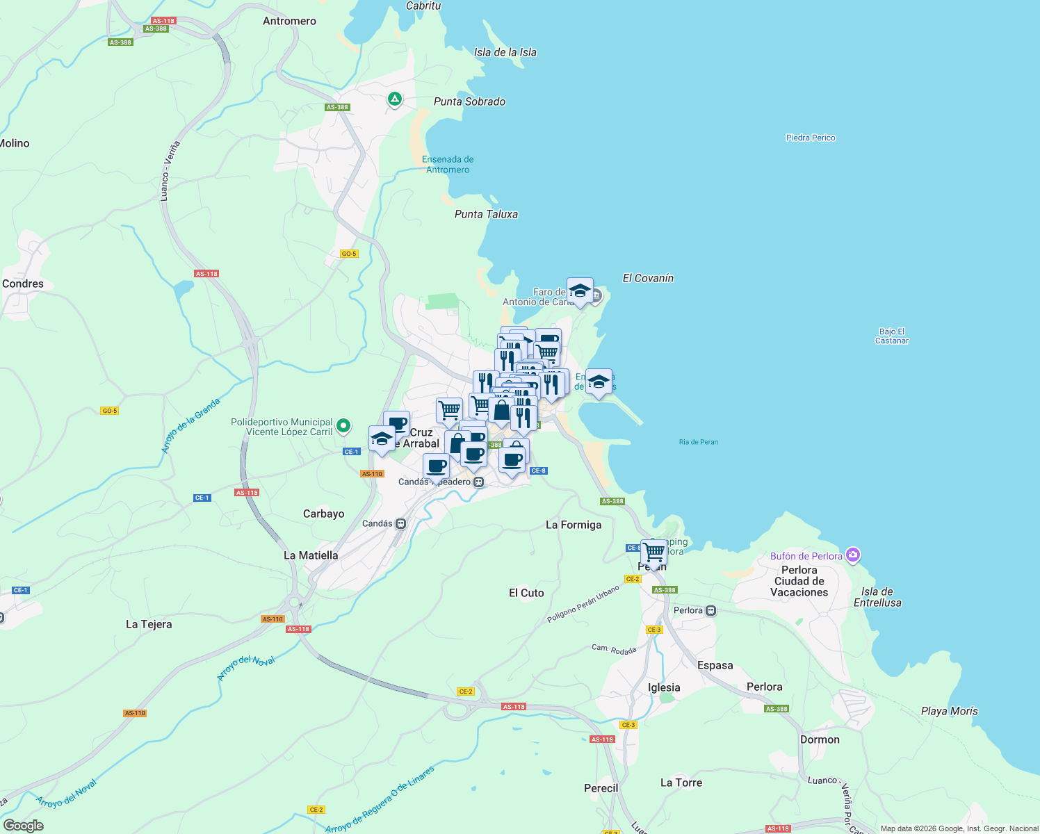 map of restaurants, bars, coffee shops, grocery stores, and more near 8 Calle Doctor Braulio Busto in Candás