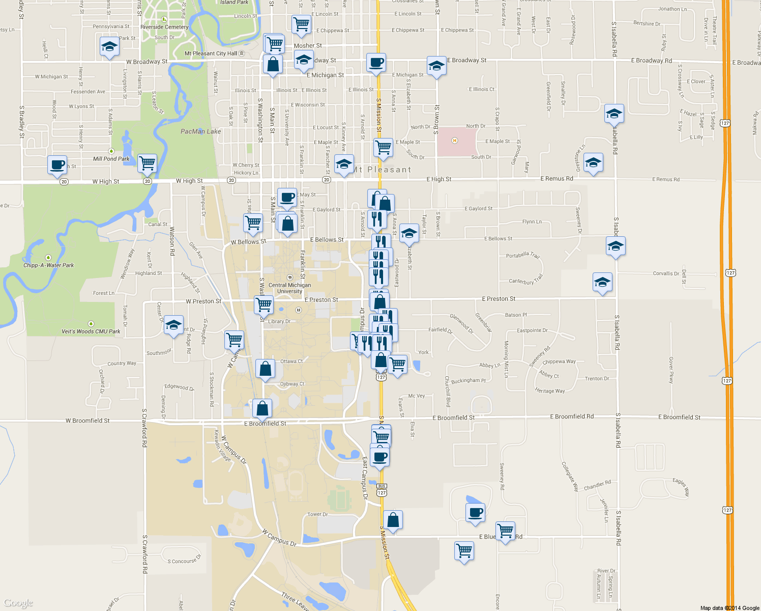 map of restaurants, bars, coffee shops, grocery stores, and more near U.S. 127 Business in Mount Pleasant