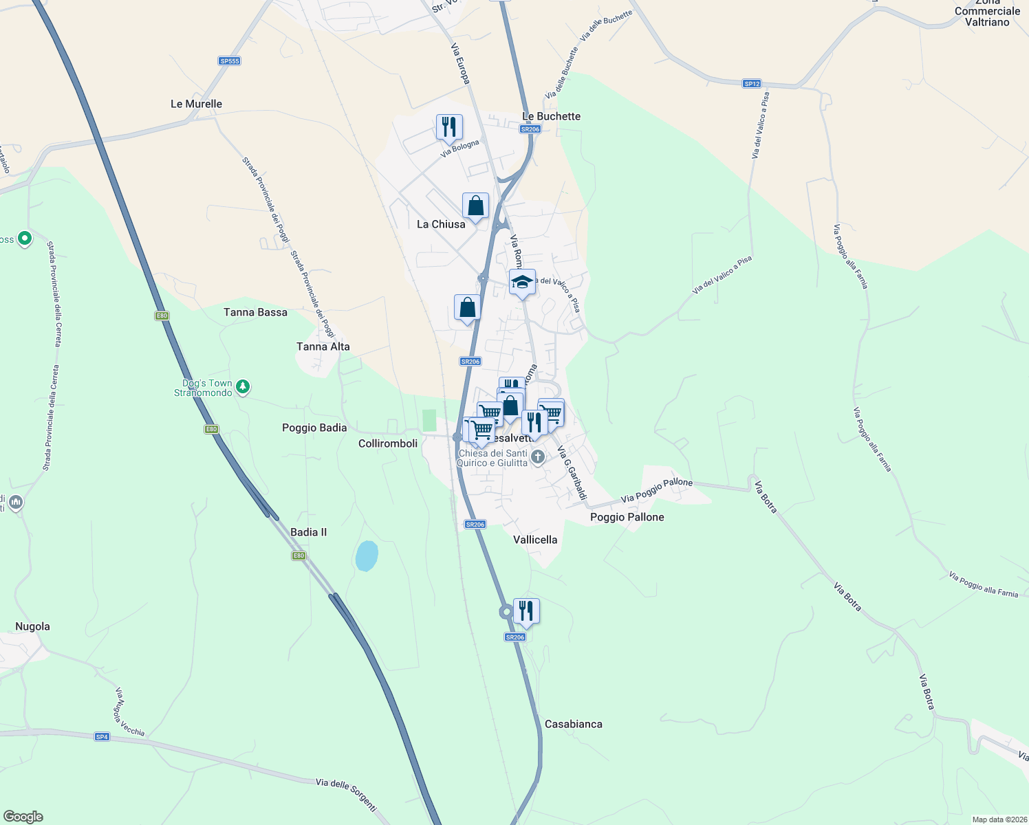 map of restaurants, bars, coffee shops, grocery stores, and more near 222 Via Roma in Collesalvetti