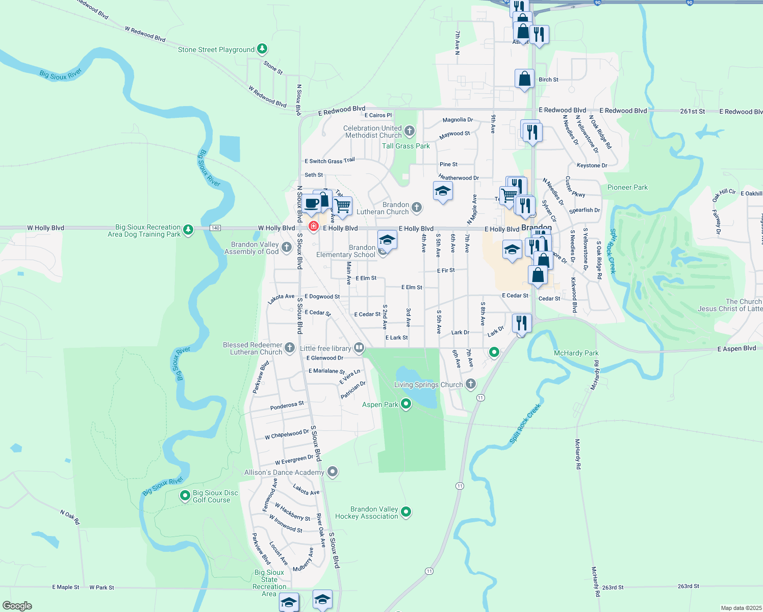 map of restaurants, bars, coffee shops, grocery stores, and more near 405 South 2nd Avenue in Brandon