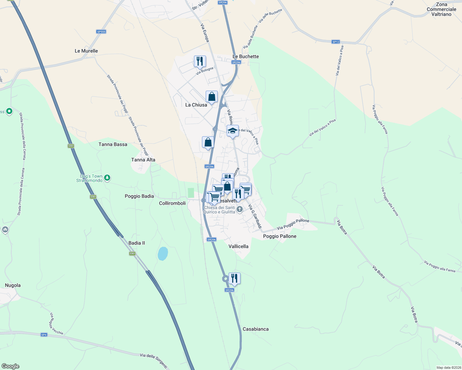 map of restaurants, bars, coffee shops, grocery stores, and more near 222 Via Roma in Collesalvetti