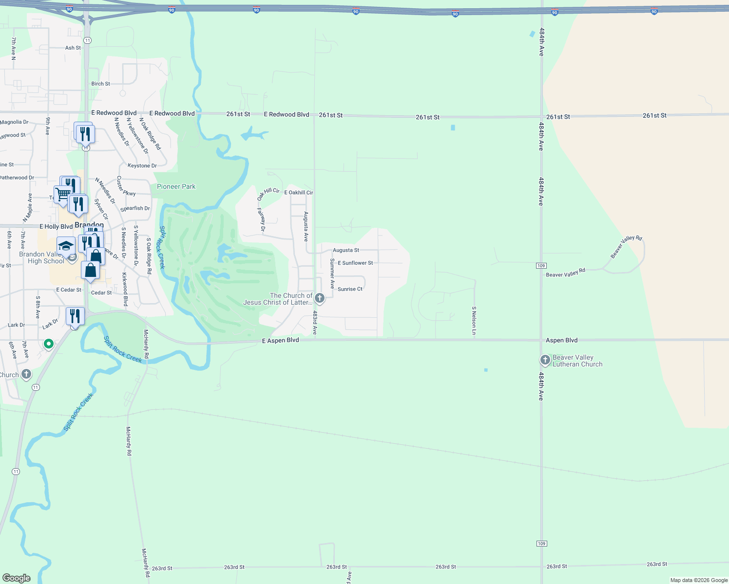 map of restaurants, bars, coffee shops, grocery stores, and more near 2709 Sunrise Court in Brandon