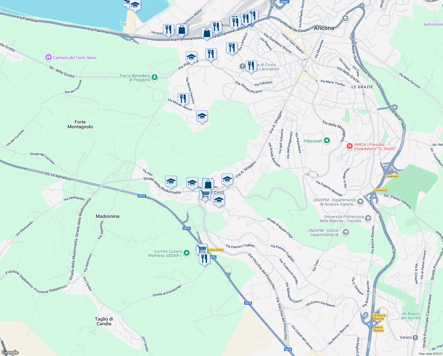 map of restaurants, bars, coffee shops, grocery stores, and more near 13 Via Monte Carpegna in Ancona