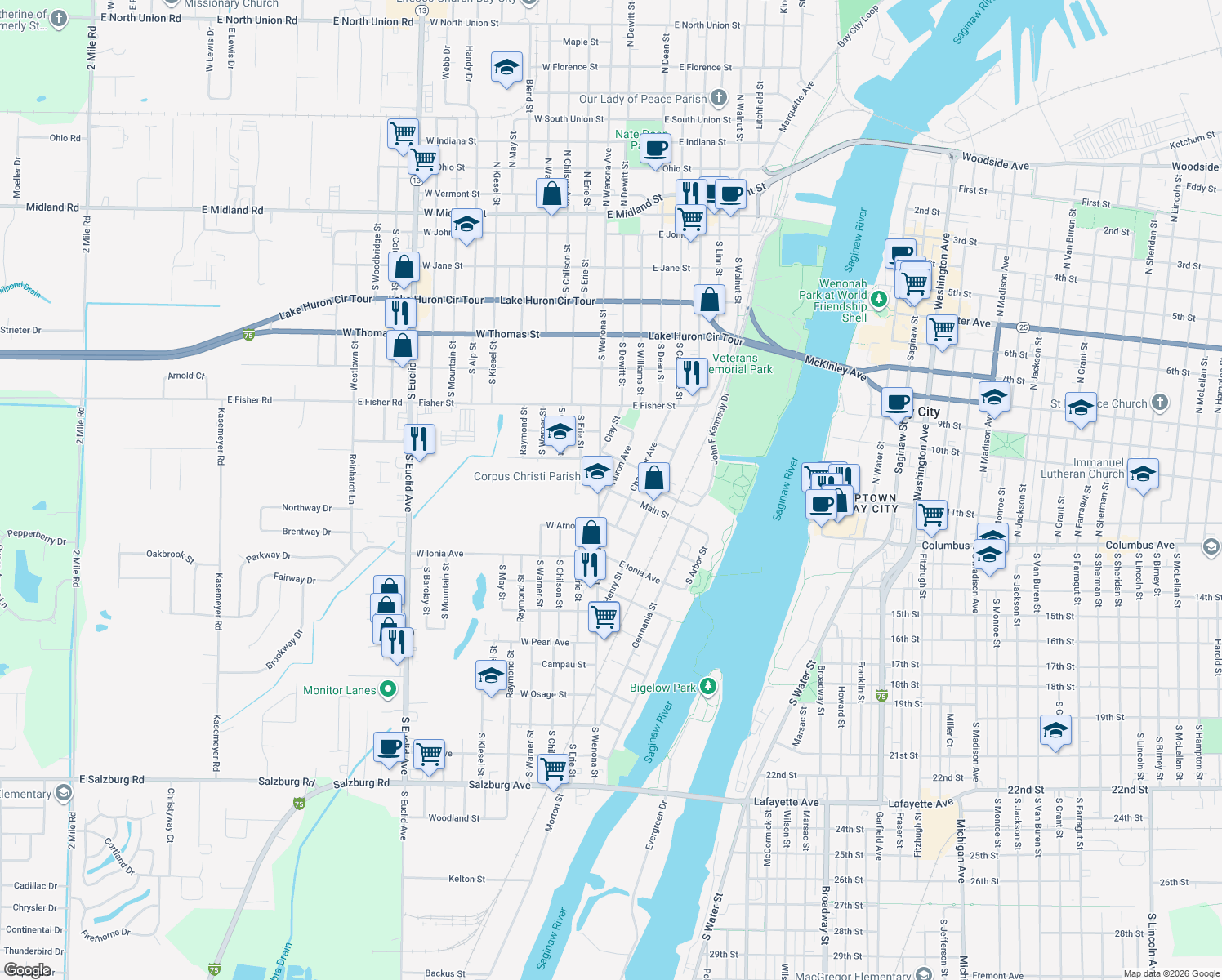 map of restaurants, bars, coffee shops, grocery stores, and more near 207 Main Street in Bay City