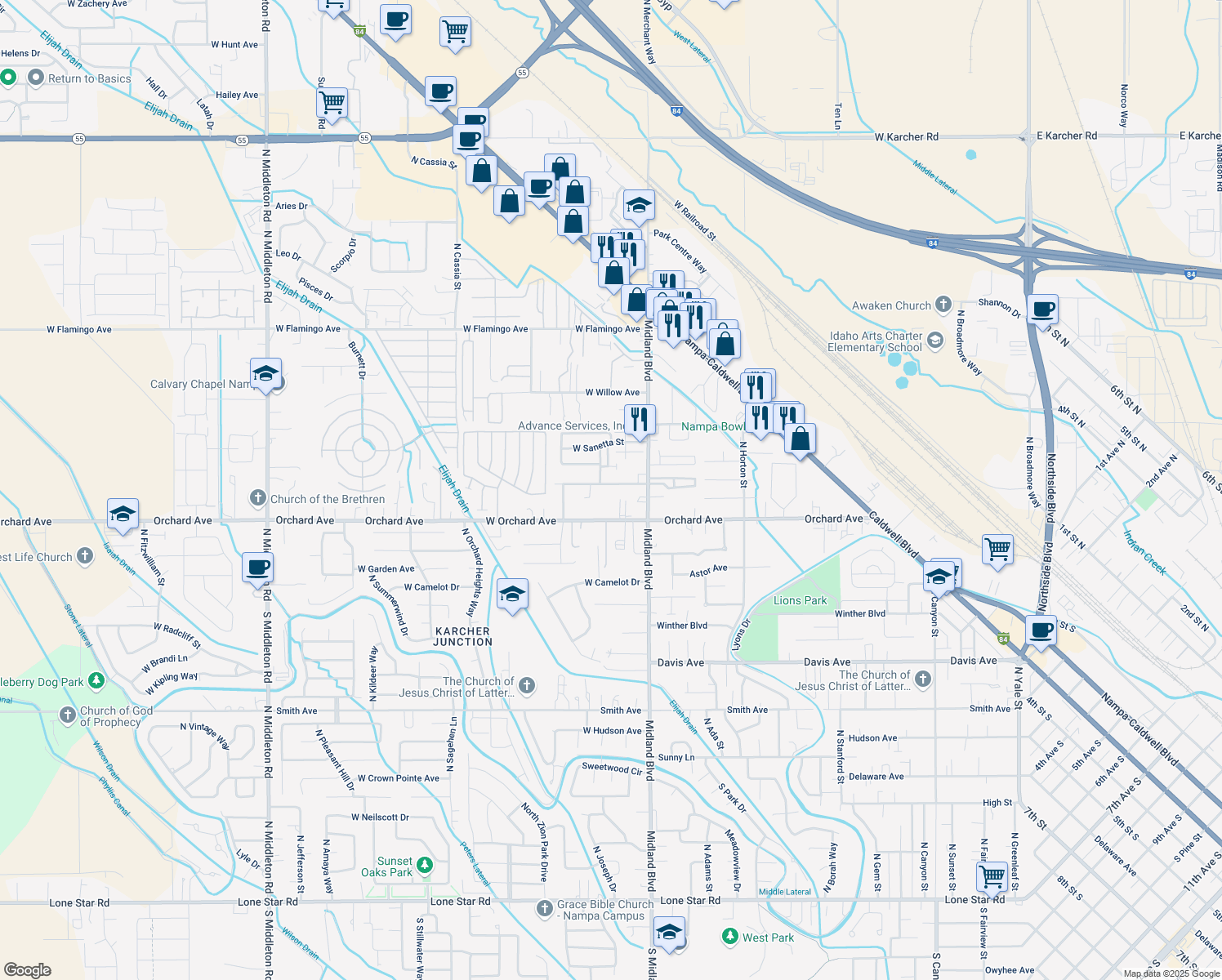 map of restaurants, bars, coffee shops, grocery stores, and more near 1115 West Boone Avenue in Nampa