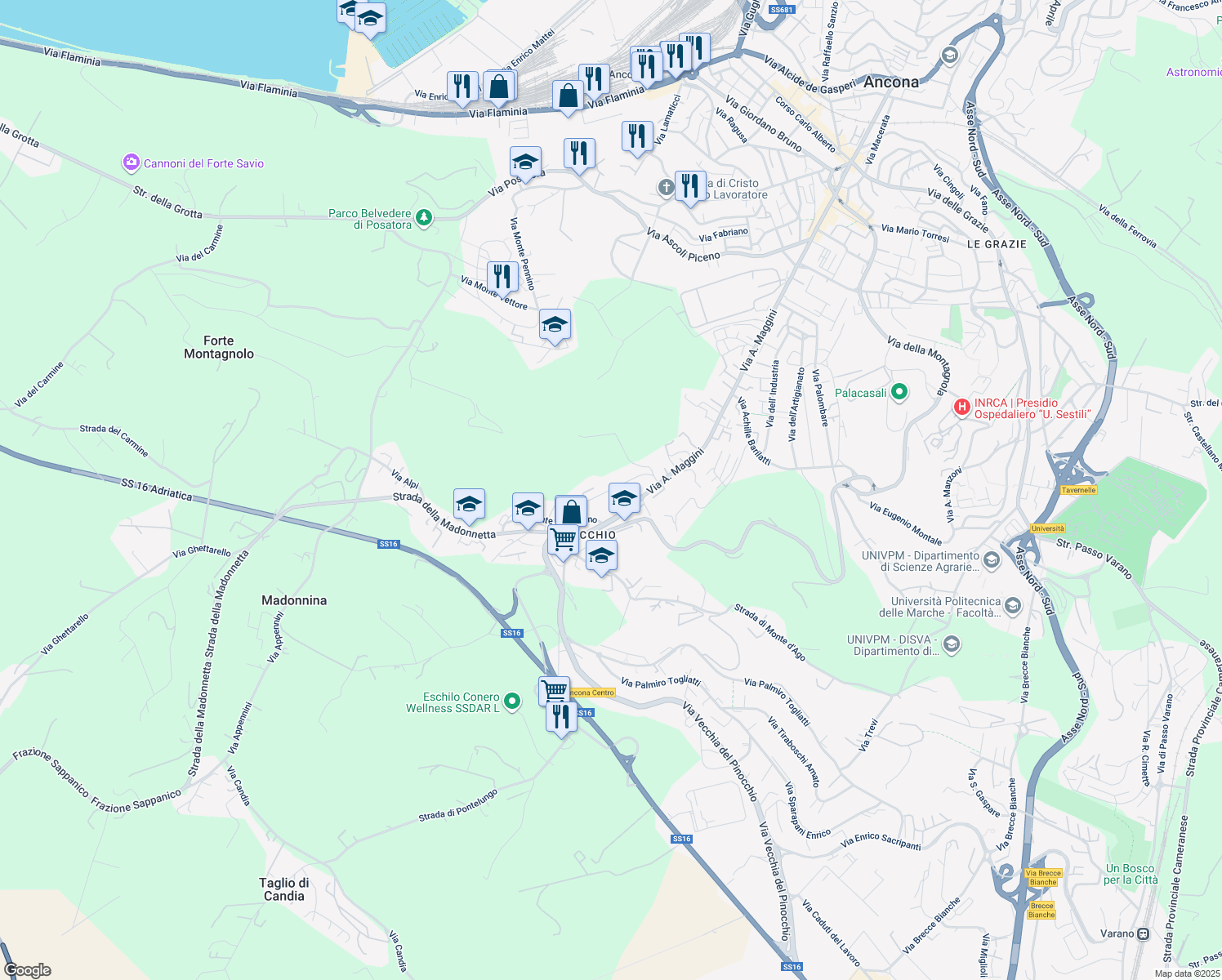 map of restaurants, bars, coffee shops, grocery stores, and more near 13 Via Monte Carpegna in Ancona
