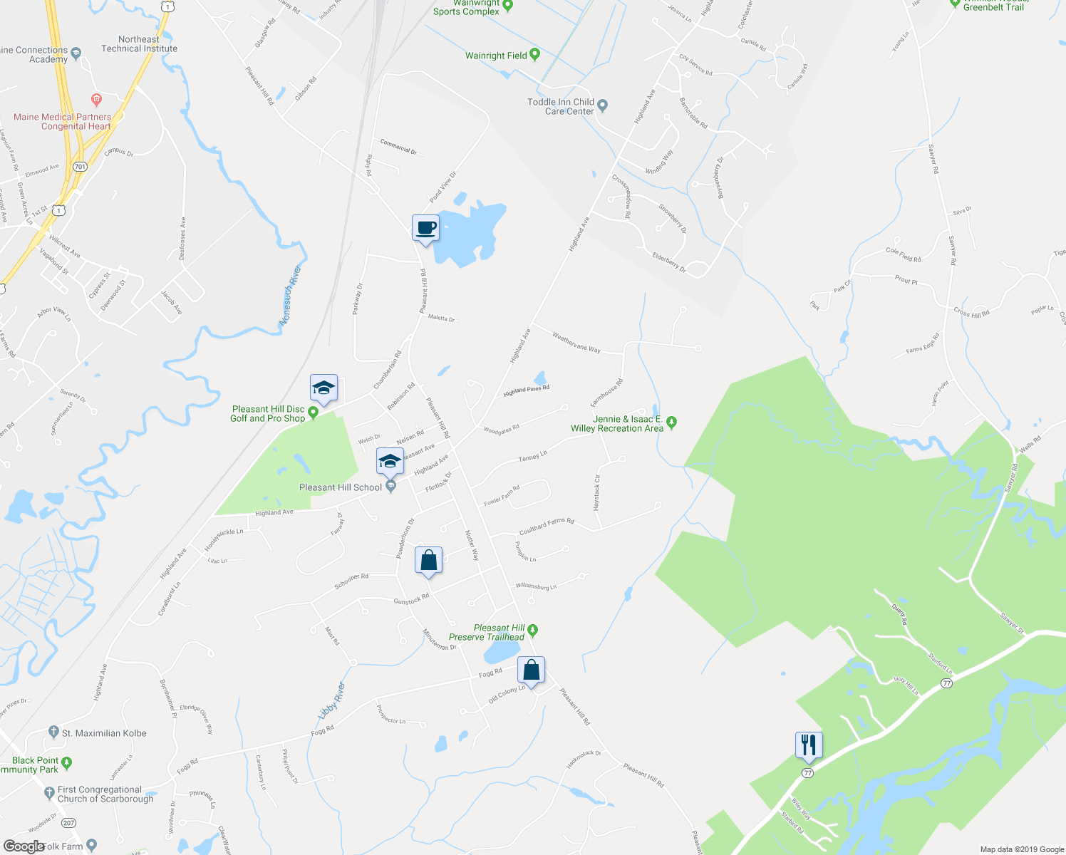 map of restaurants, bars, coffee shops, grocery stores, and more near 5 Woodgate Road in Scarborough