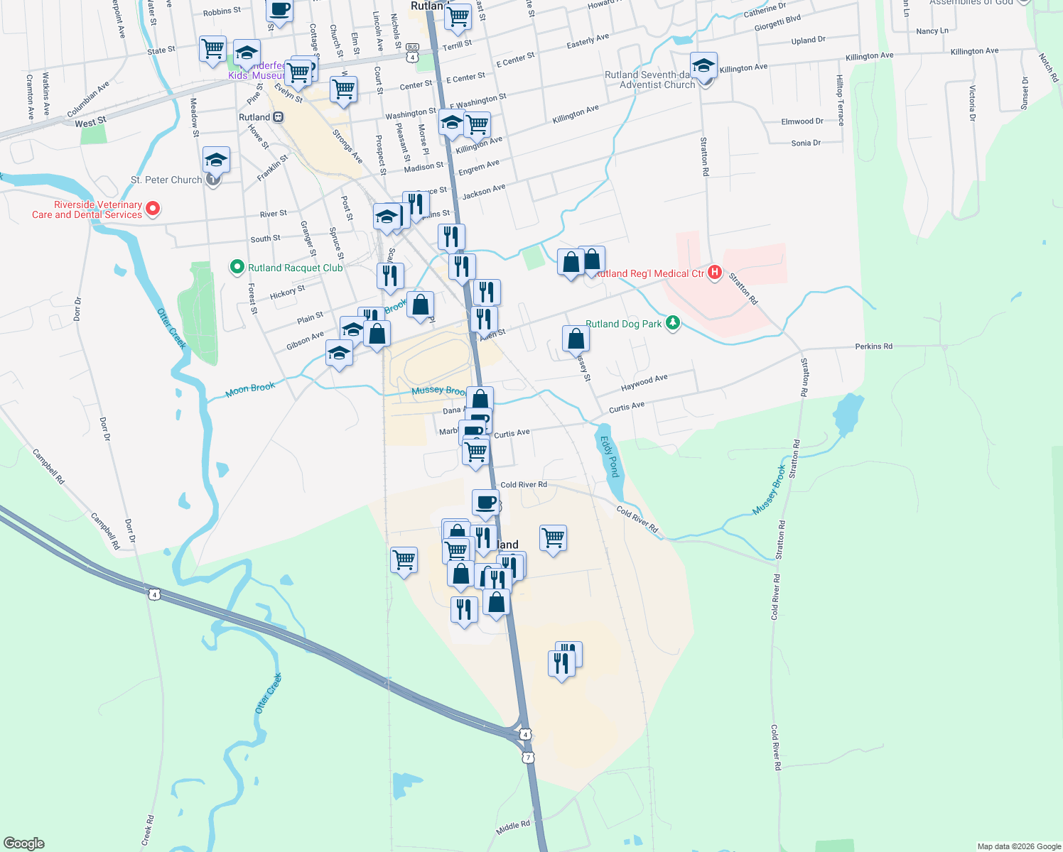 map of restaurants, bars, coffee shops, grocery stores, and more near 25 Curtis Avenue in Rutland