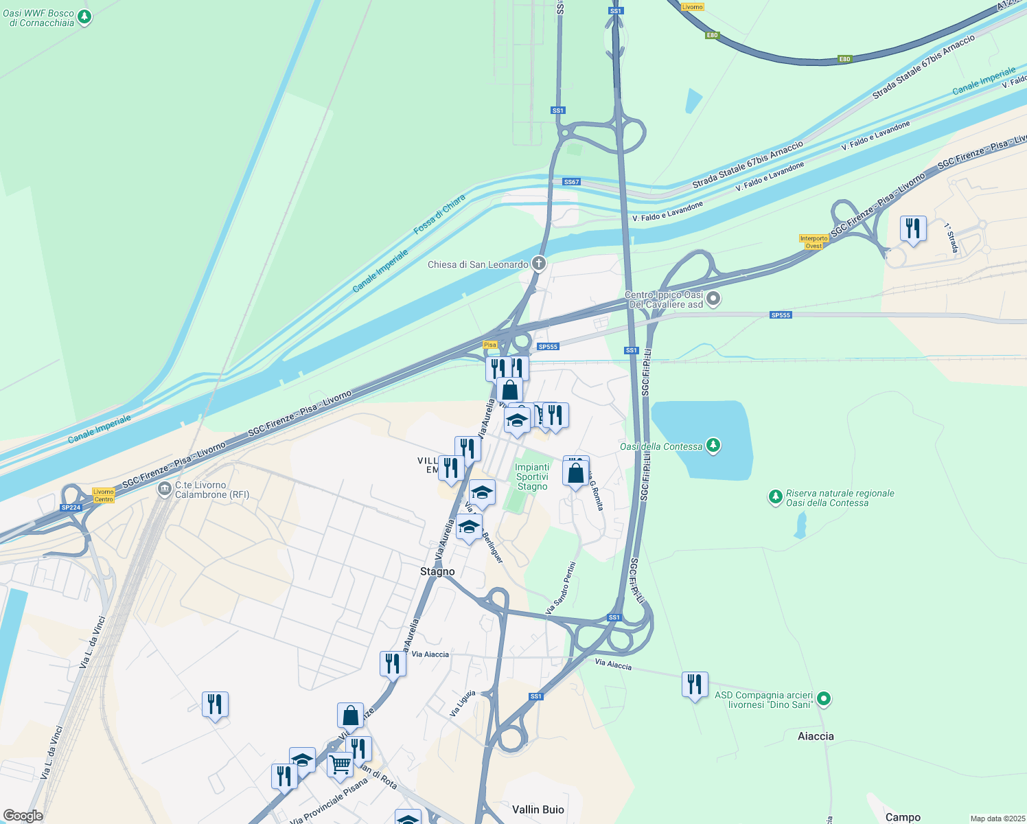 map of restaurants, bars, coffee shops, grocery stores, and more near 9 Via C. Marchesi in Stagno