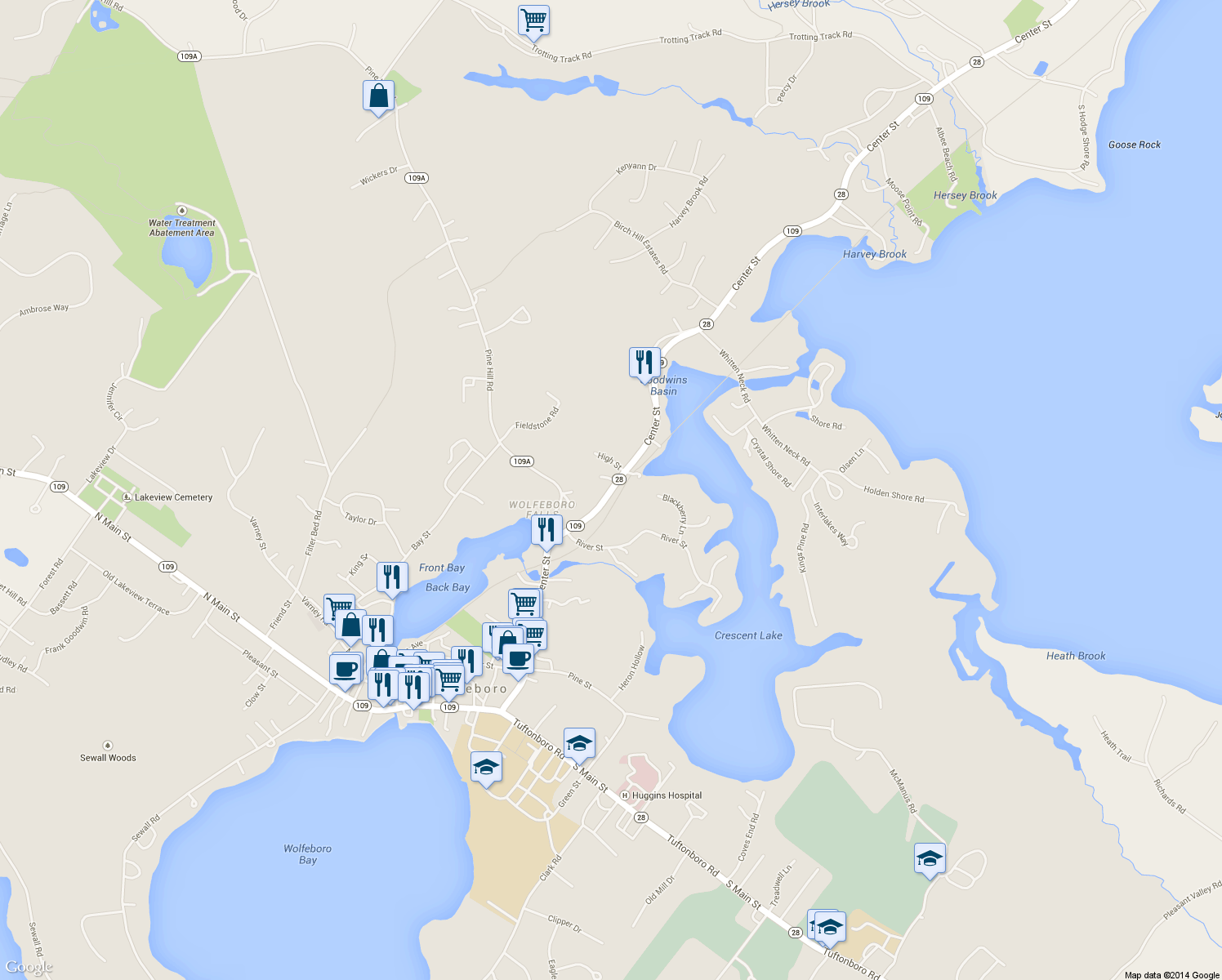 map of restaurants, bars, coffee shops, grocery stores, and more near 304 Center Street in Wolfeboro