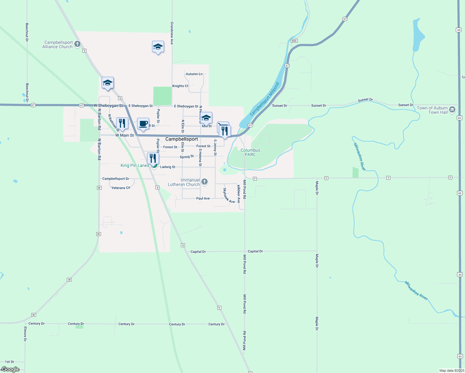 map of restaurants, bars, coffee shops, grocery stores, and more near 211 Killdeer Avenue in Campbellsport