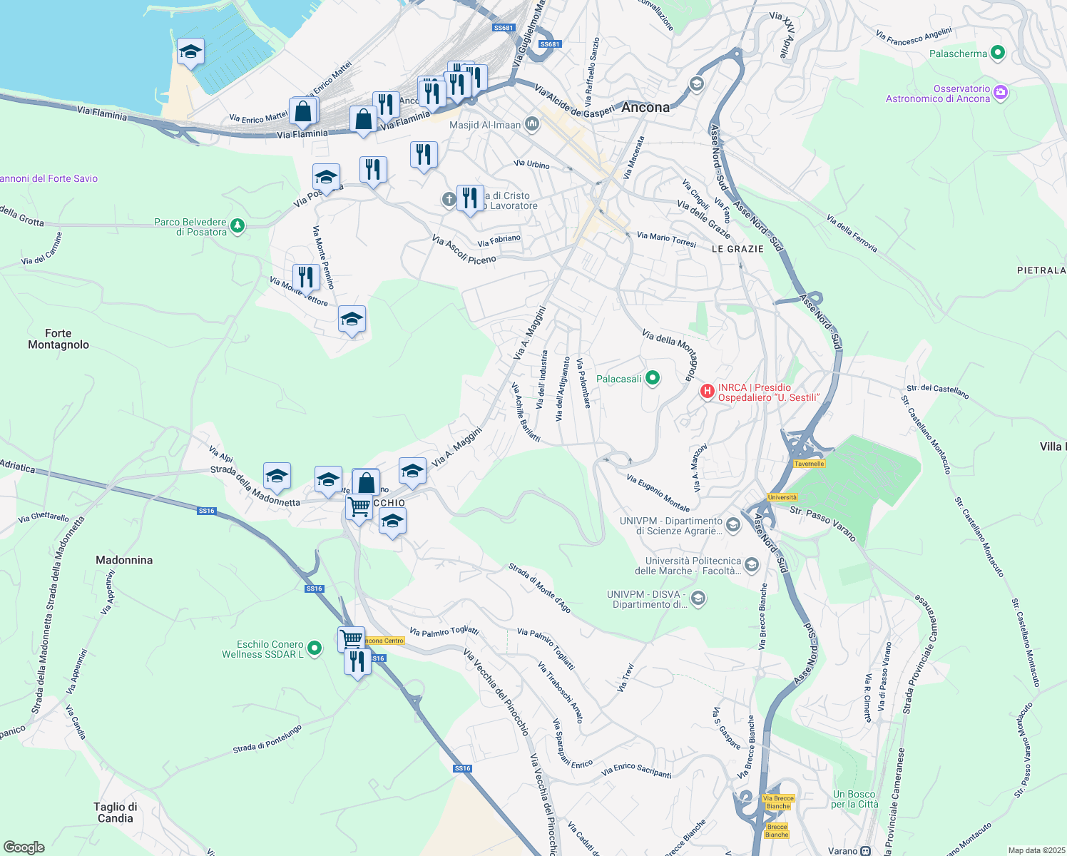 map of restaurants, bars, coffee shops, grocery stores, and more near 1 Via dell' Industria in Ancona