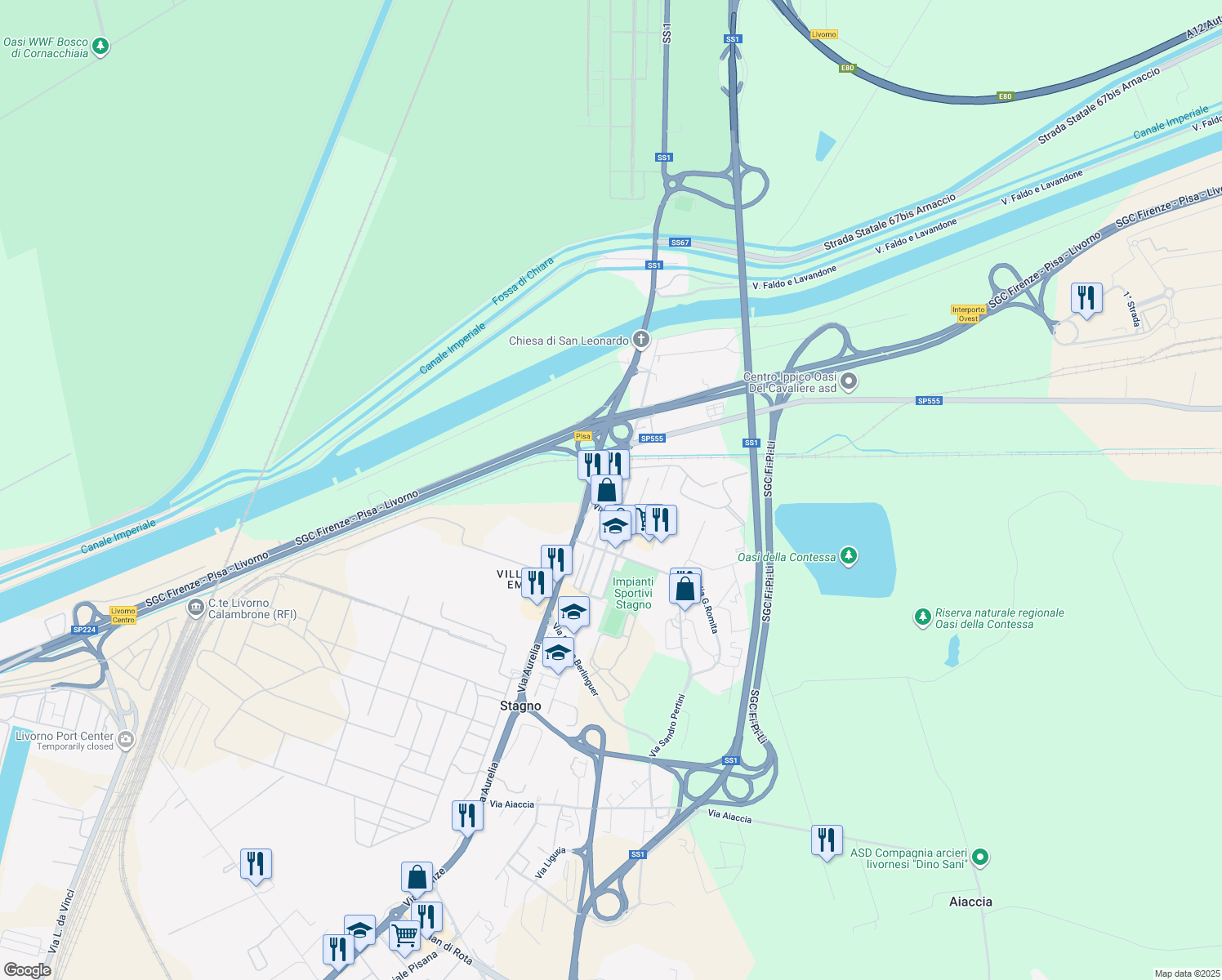 map of restaurants, bars, coffee shops, grocery stores, and more near 9 Via C. Marchesi in Stagno