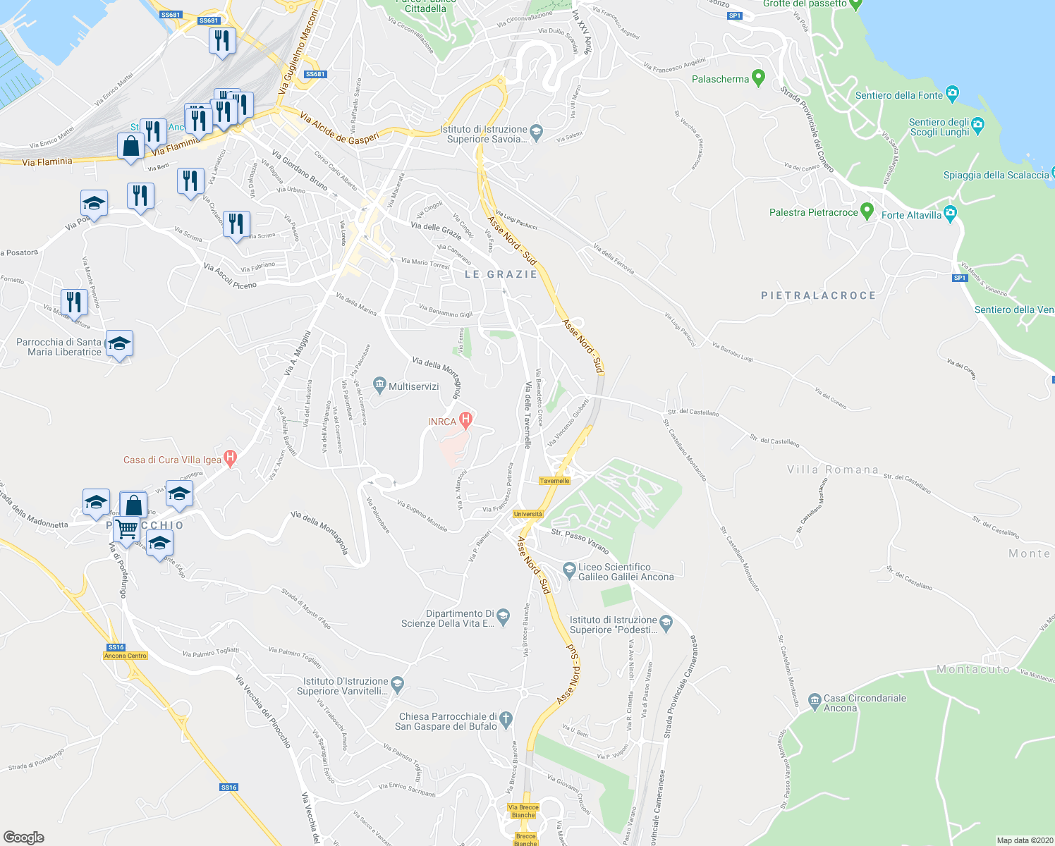 map of restaurants, bars, coffee shops, grocery stores, and more near 21 Via Benedetto Croce in Ancona
