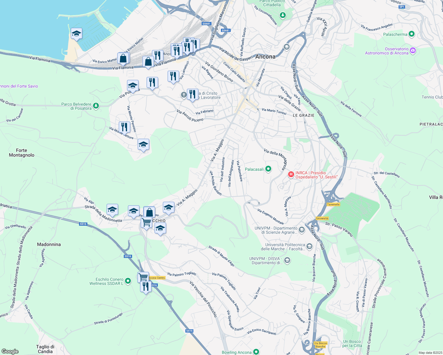map of restaurants, bars, coffee shops, grocery stores, and more near Via dell'Industria in Ancona
