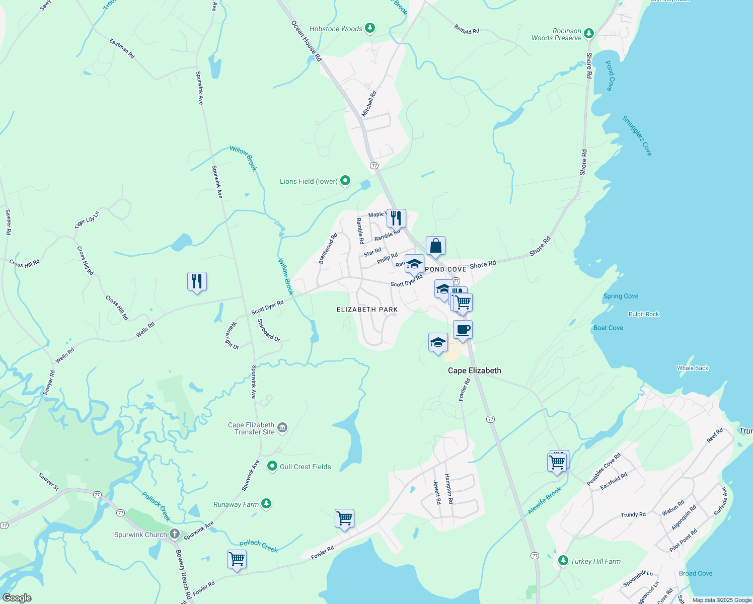 map of restaurants, bars, coffee shops, grocery stores, and more near 17 Orchard Rd in Cape Elizabeth