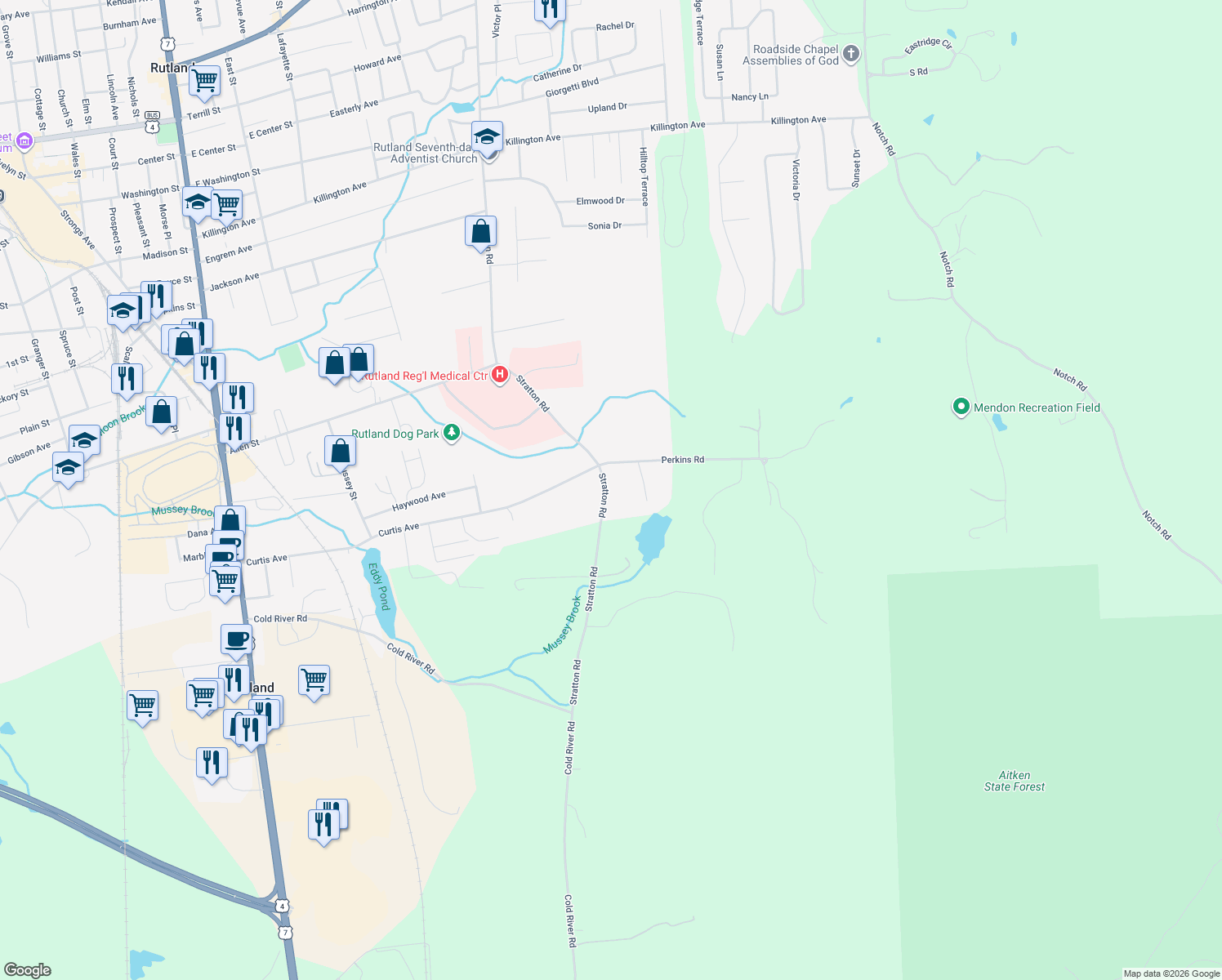 map of restaurants, bars, coffee shops, grocery stores, and more near 364 Stratton Rd in Rutland