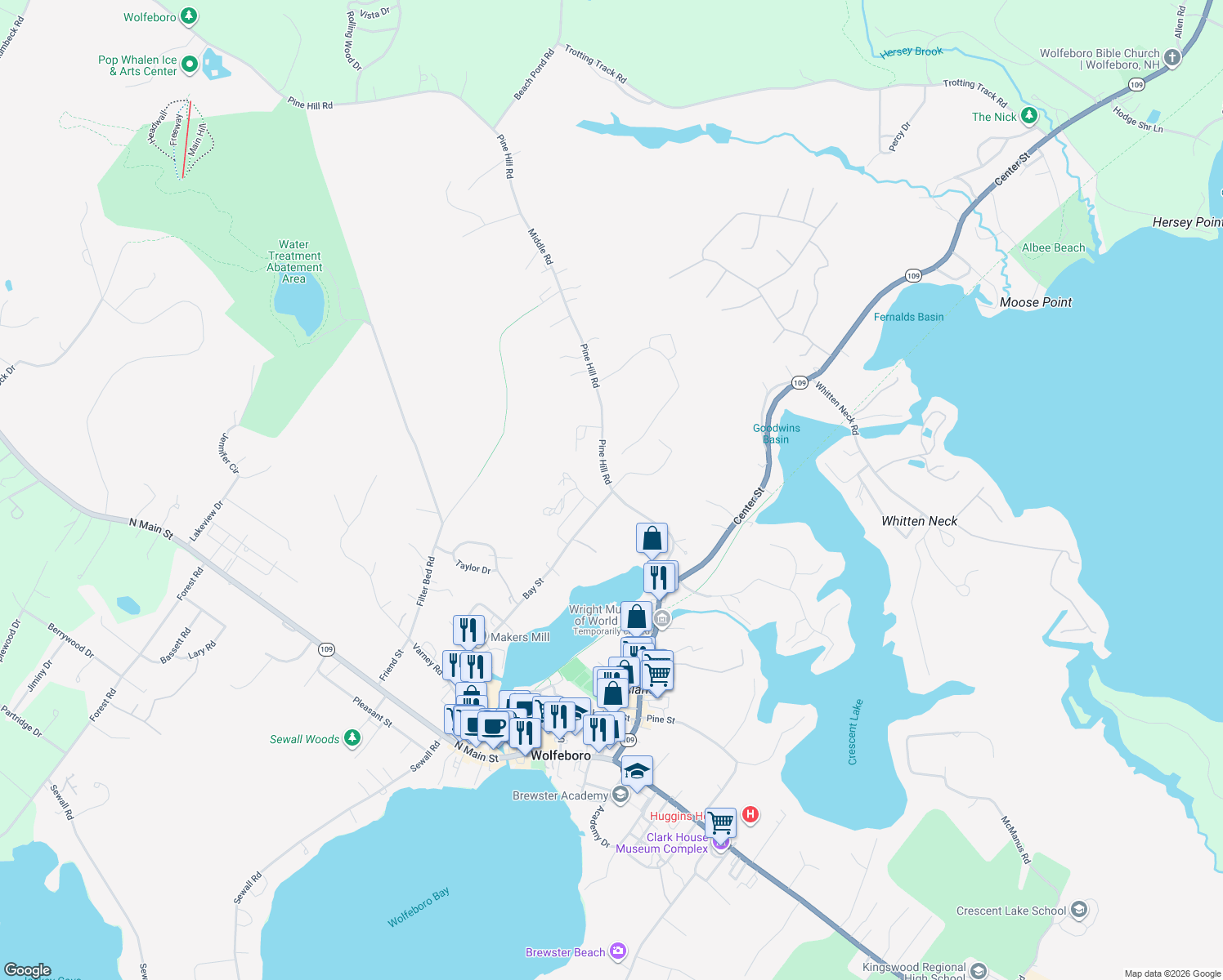 map of restaurants, bars, coffee shops, grocery stores, and more near 2 Pine Hill Rd in Wolfeboro