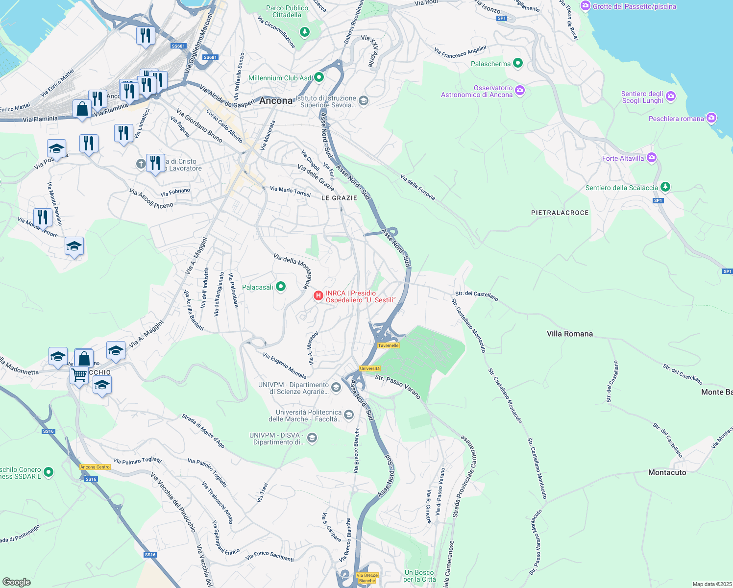 map of restaurants, bars, coffee shops, grocery stores, and more near 21 Via Benedetto Croce in Ancona